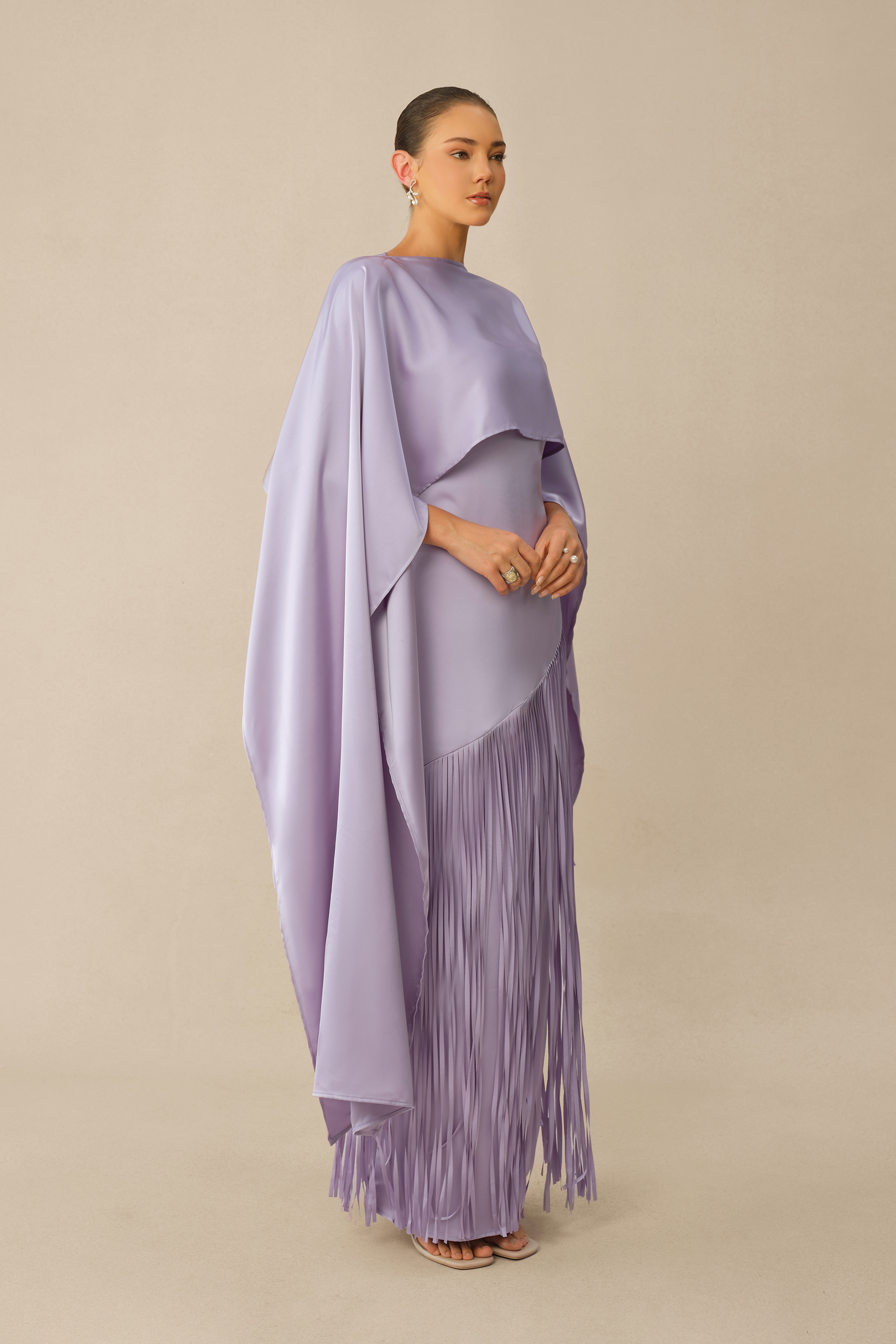 Classic Elegance Purple Satin Cape & Fringe Maxi Dress Set