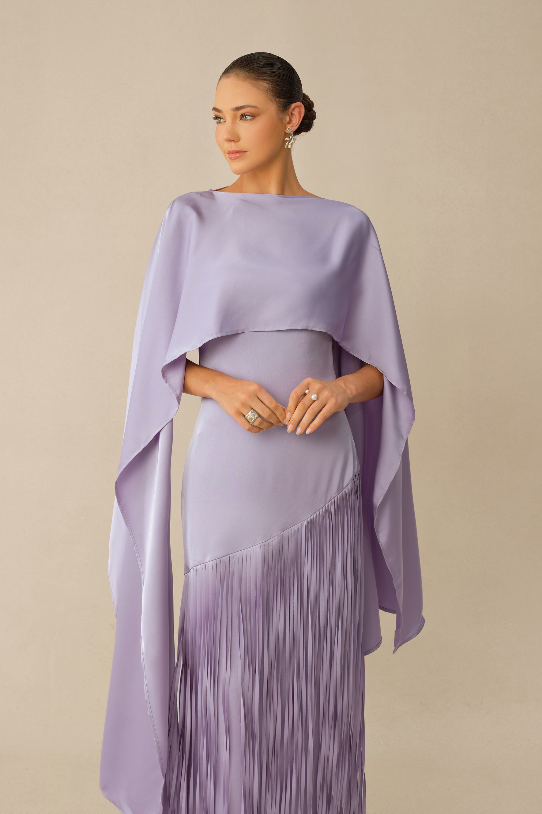 Classic Elegance Purple Satin Cape & Fringe Maxi Dress Set