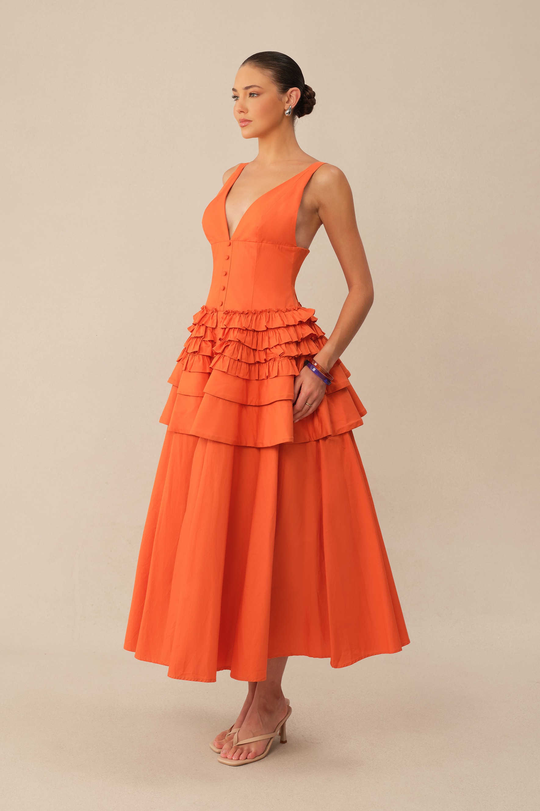 Late Summer Orange V Neck Layer Ruffle Maxi Dress
