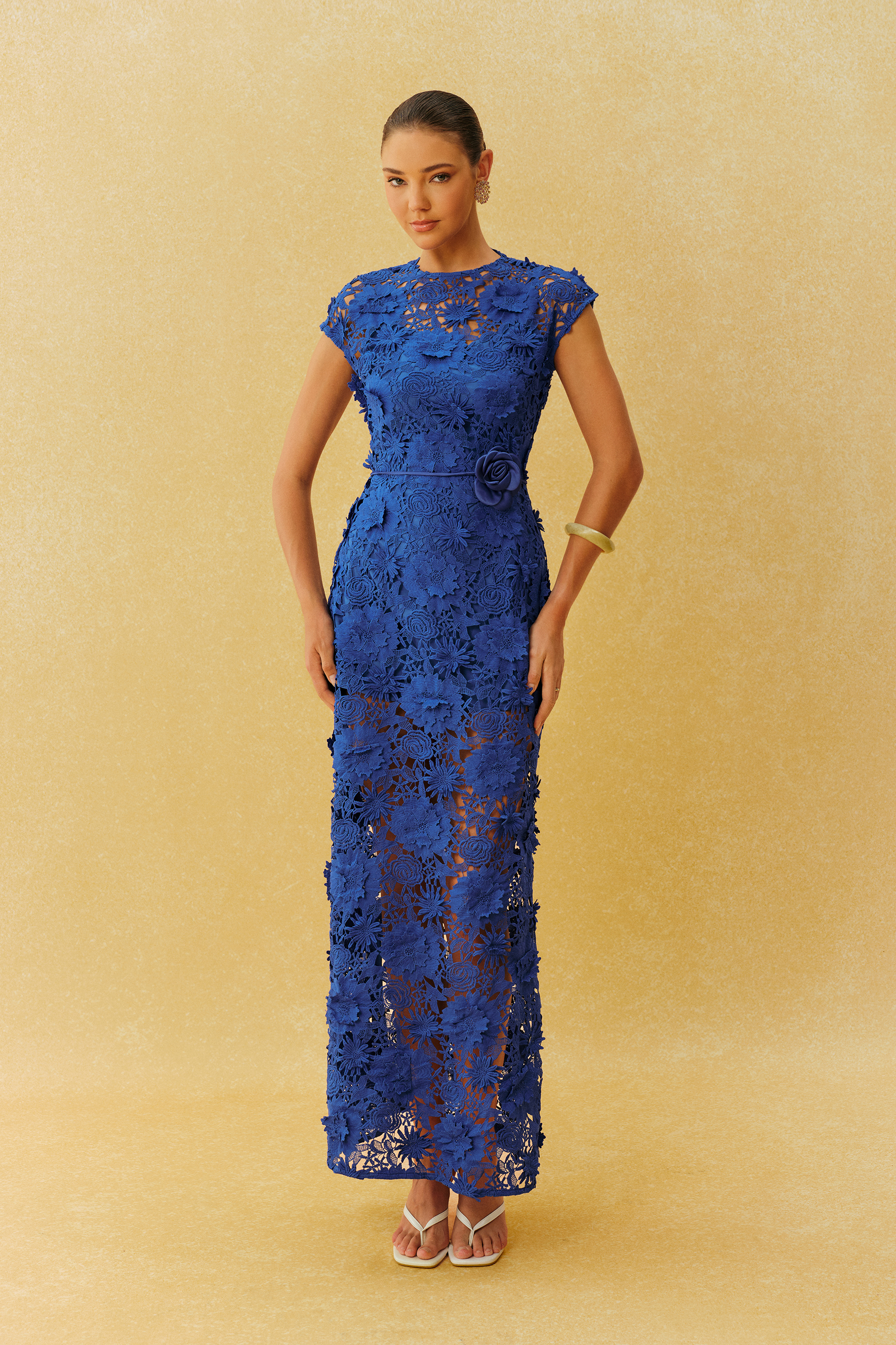 Made For Moments Blue Floral Lace Cap Sleeve Maxi Dress