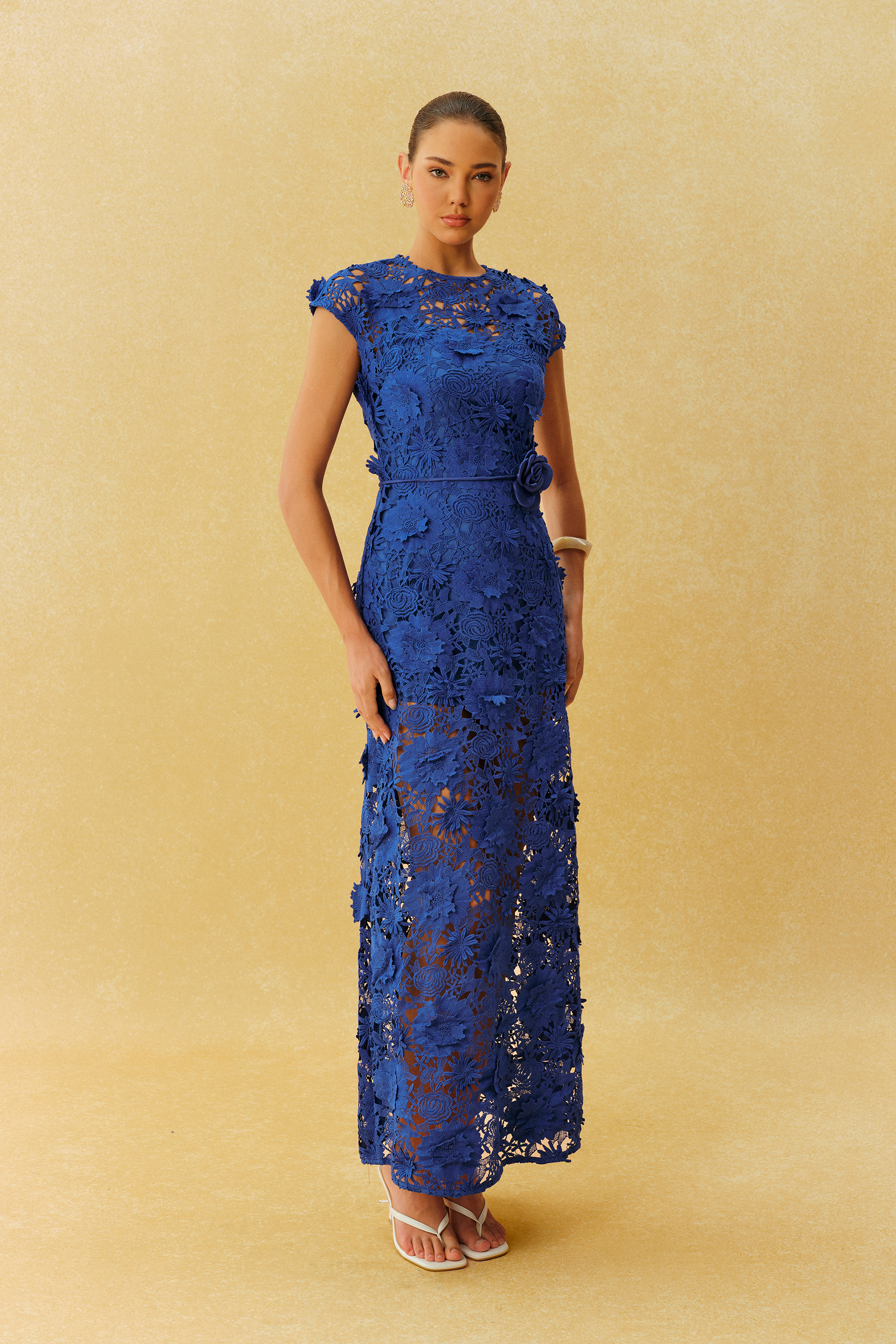 Made For Moments Blue Floral Lace Cap Sleeve Maxi Dress
