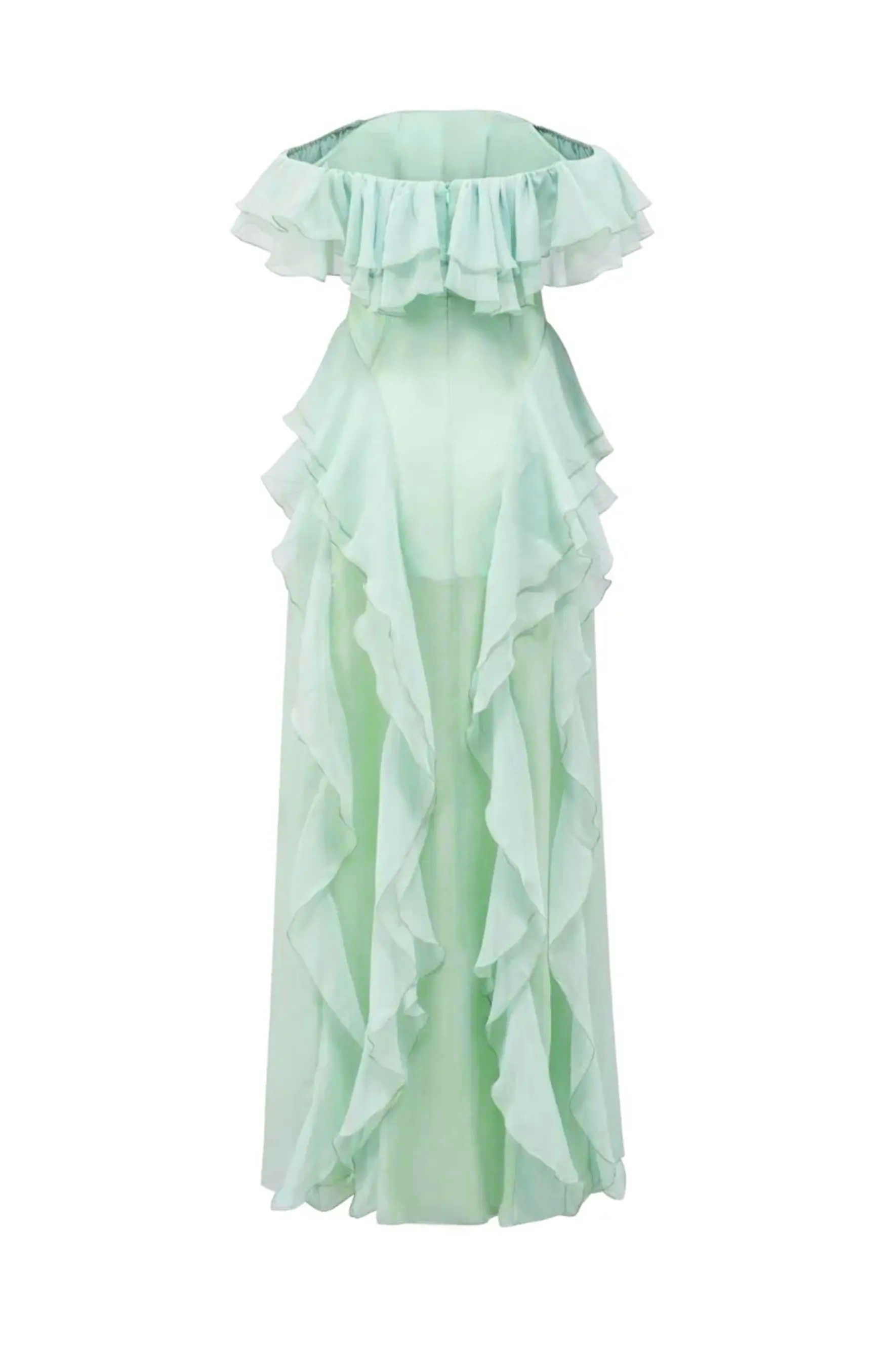 Every Love Song Green Off-The-Shoulder Ruffle Maxi Dress