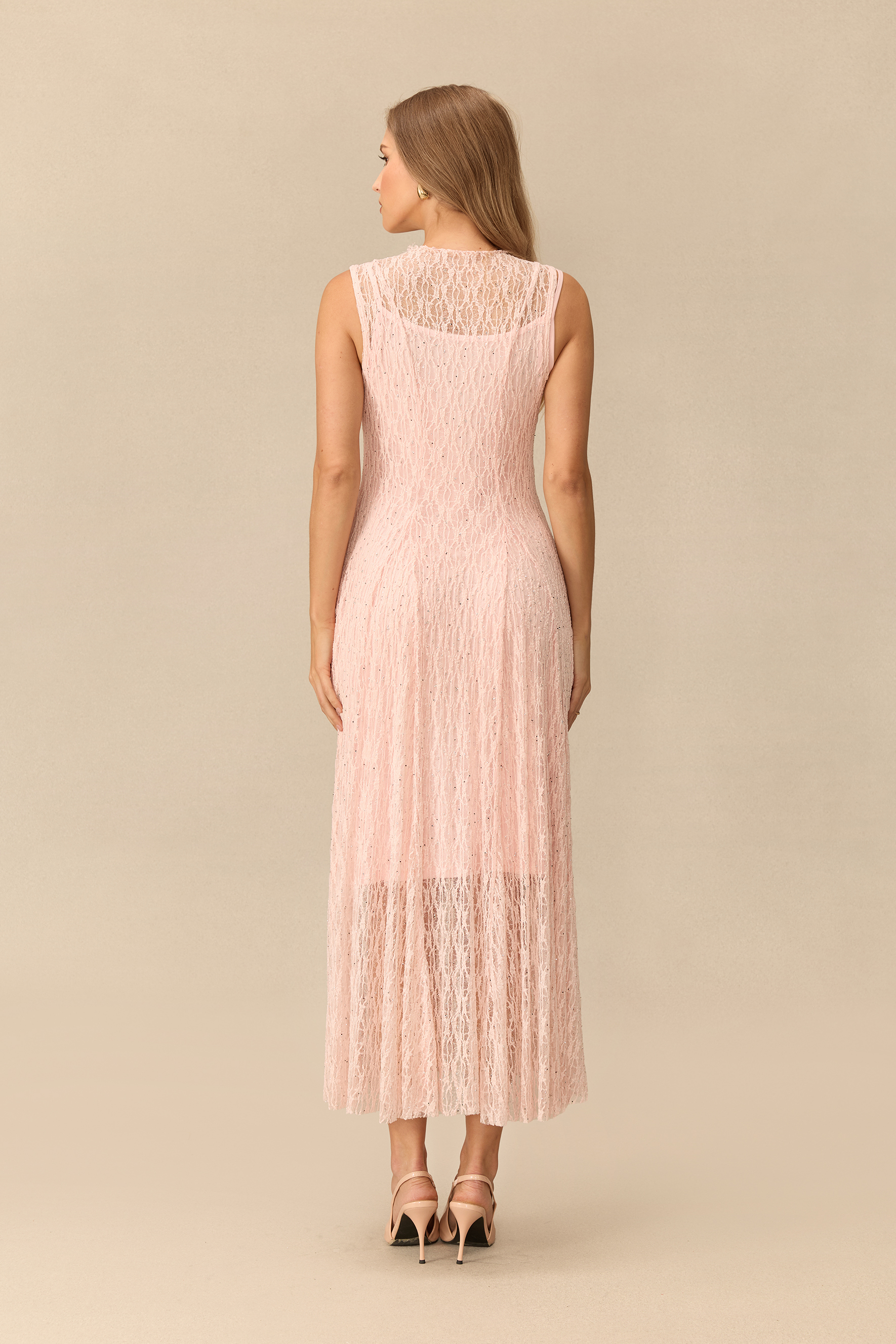 Quiet Moment Pink Rhinestone Embellished Semi-sheer Maxi Dress