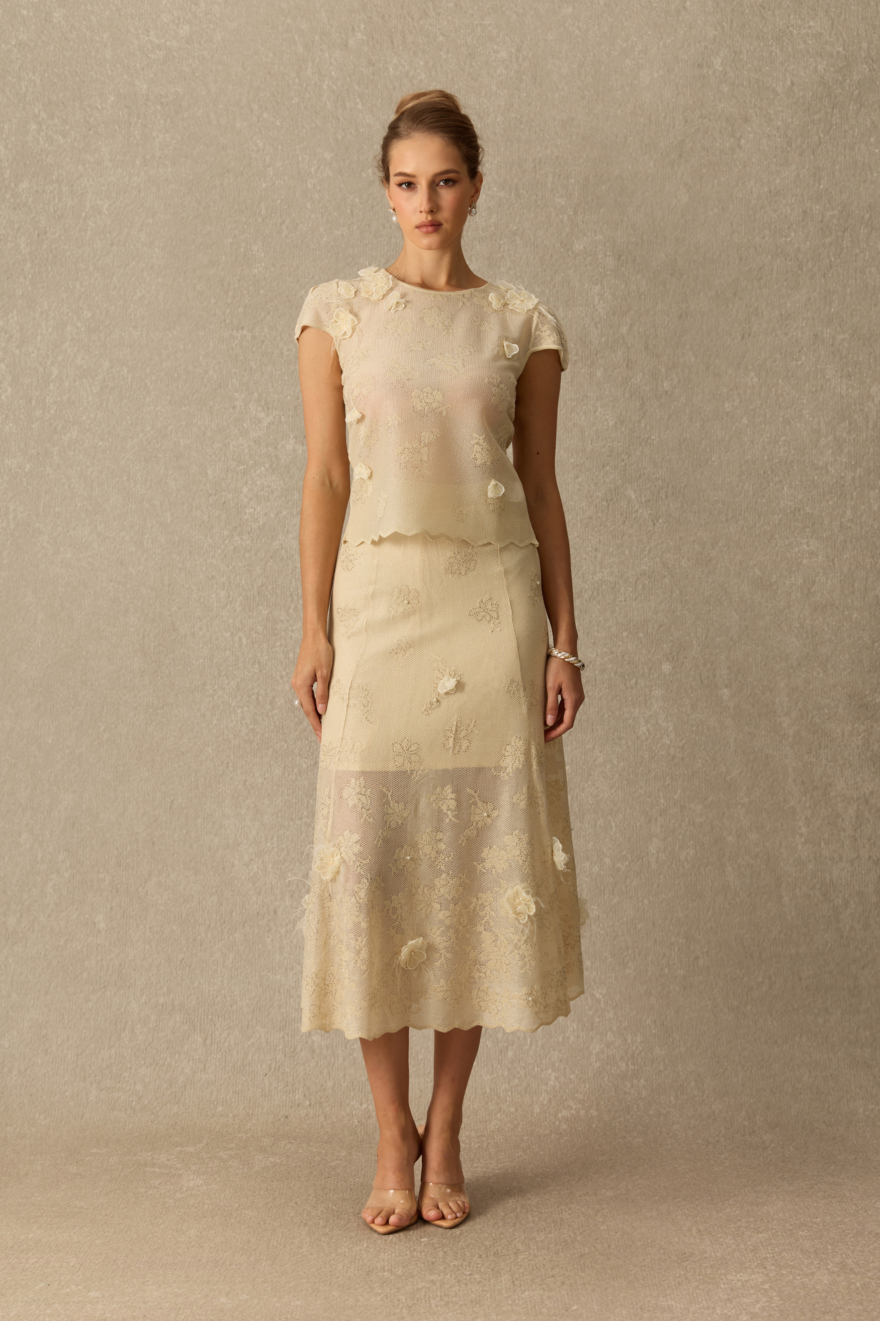 Tender Hours Floral Applique Knit Top & Skirt Set