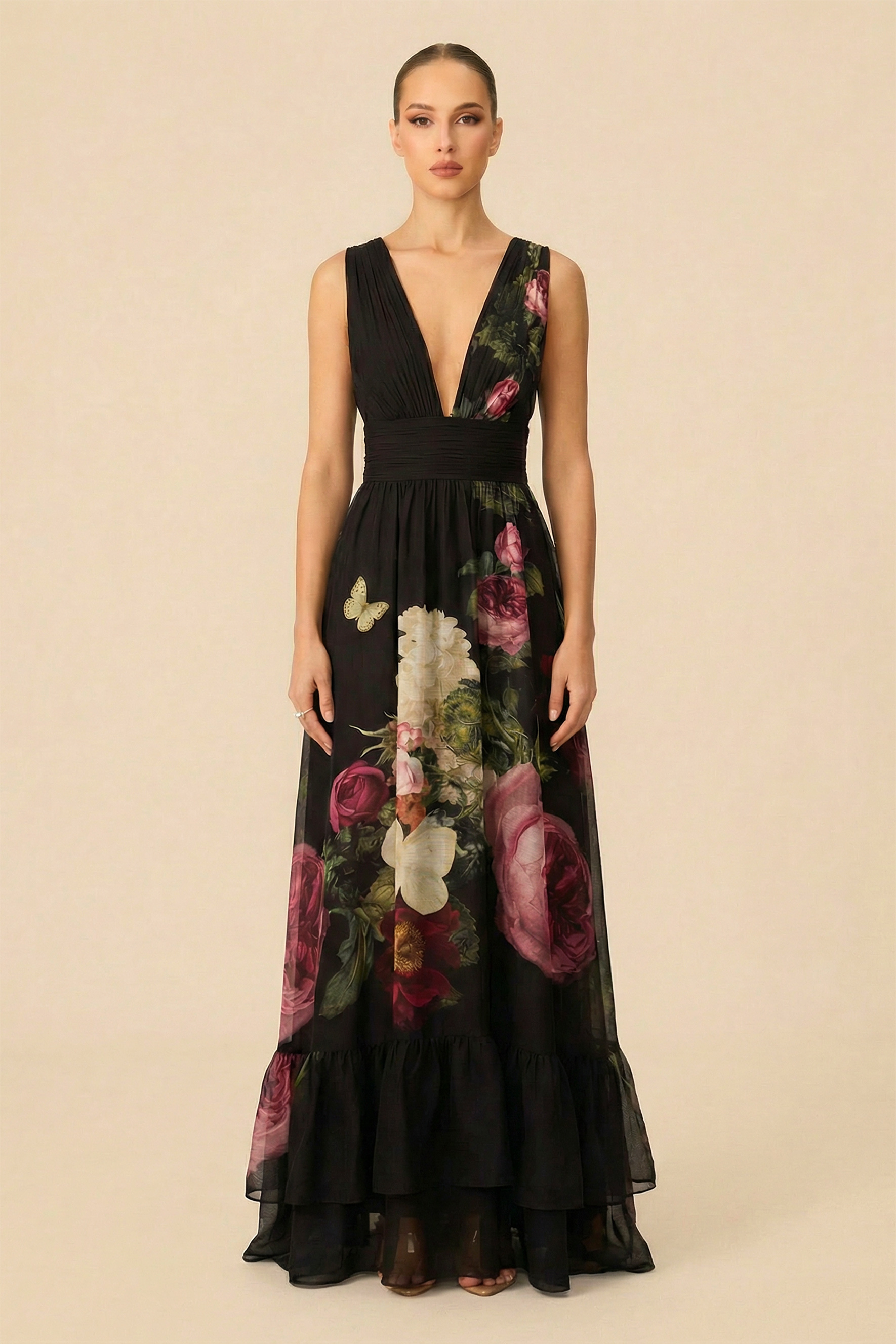 Twilight Bloom Black Floral Print V-Neck Maxi Dress with Detachable Cape