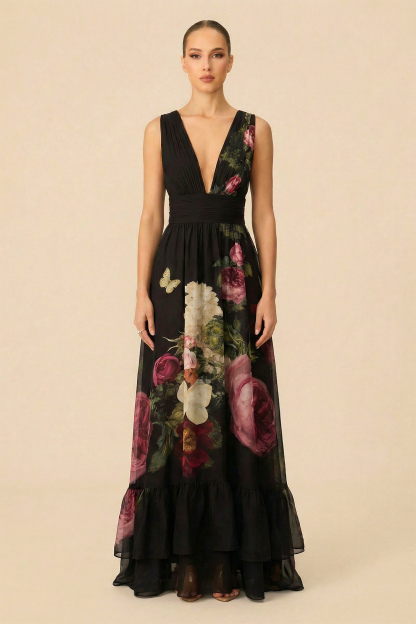 Twilight Bloom Black Floral Print V-Neck Maxi Dress with Detachable Cape