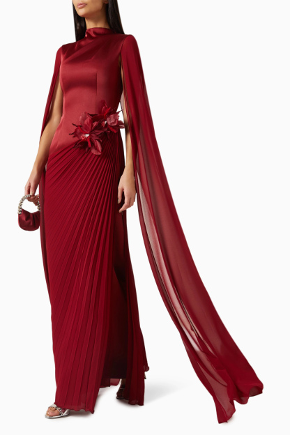 Got The Glam Burgundy Floral Applique Pleated Maxi Dress