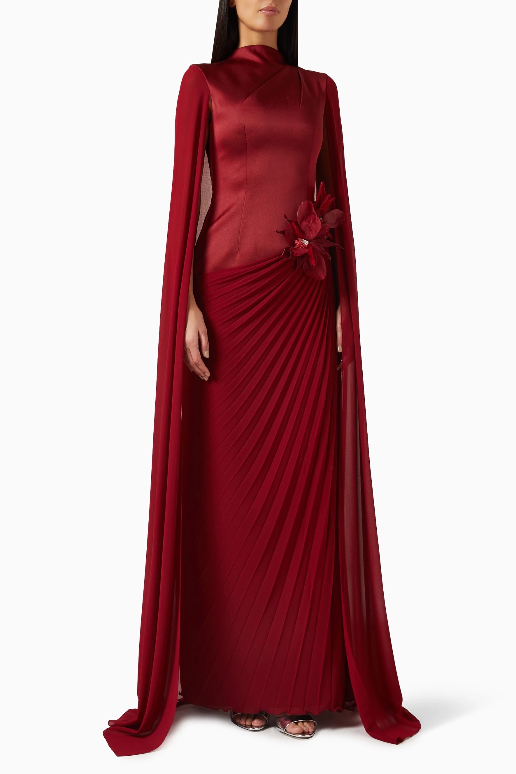 Got The Glam Burgundy Floral Applique Pleated Maxi Dress