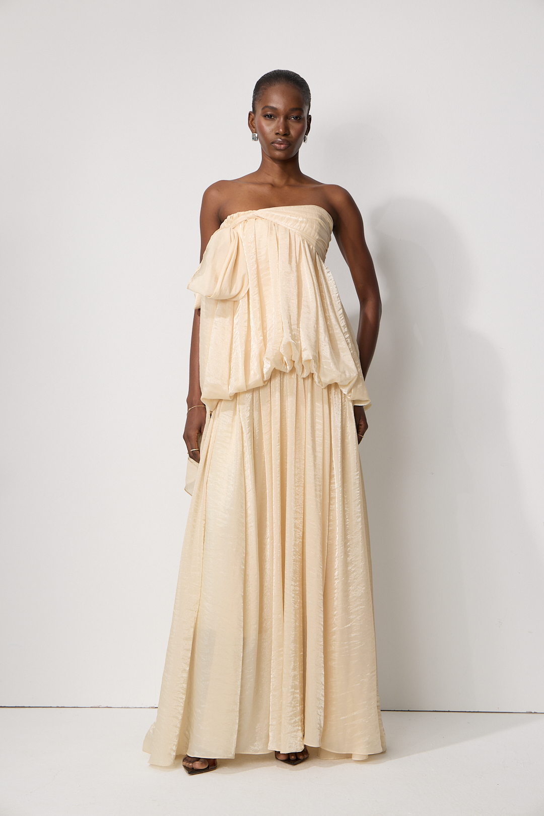 Soft Hours Beige Strapless Draped Bubble Maxi Dress
