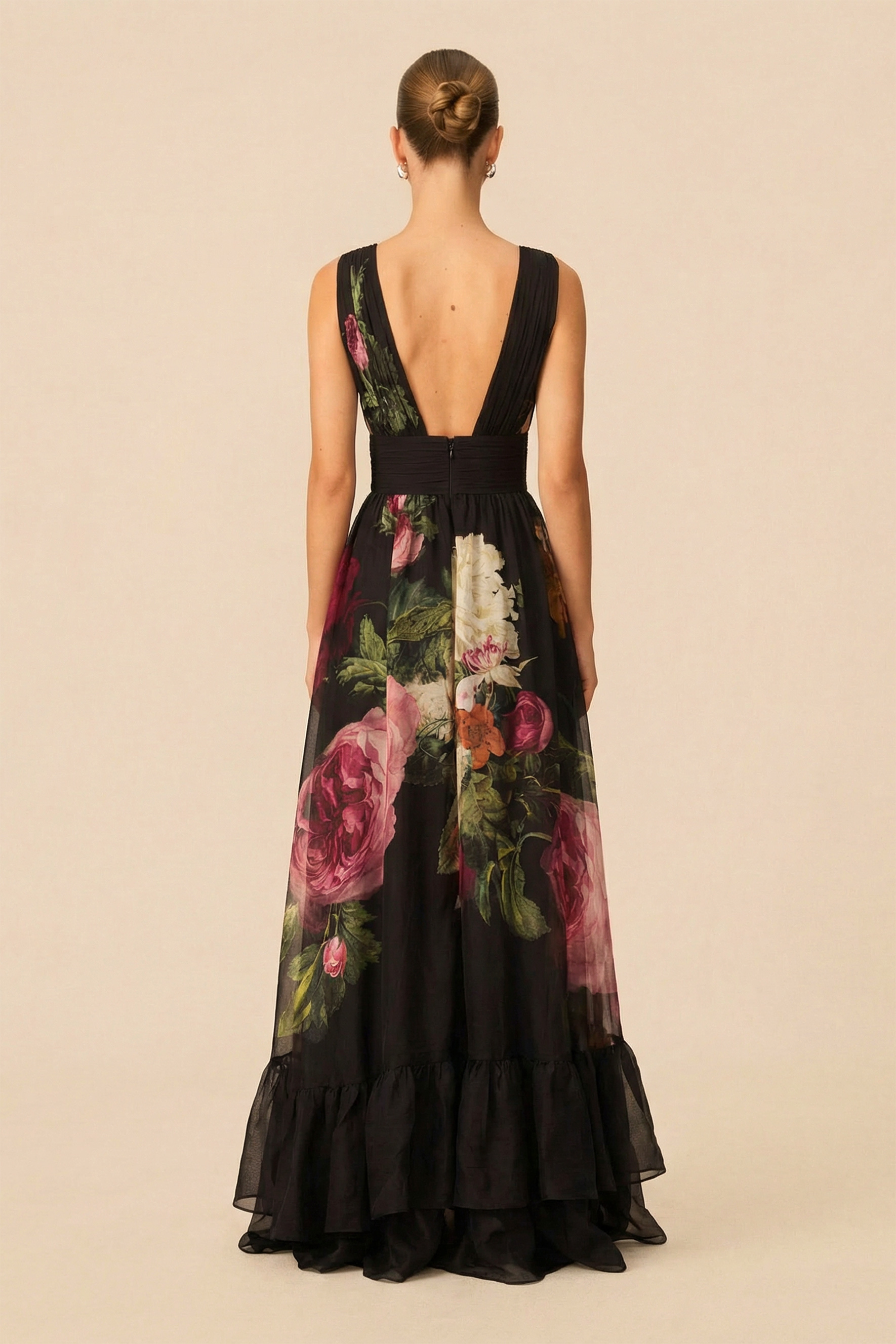 Twilight Bloom Black Floral Print V-Neck Maxi Dress with Detachable Cape