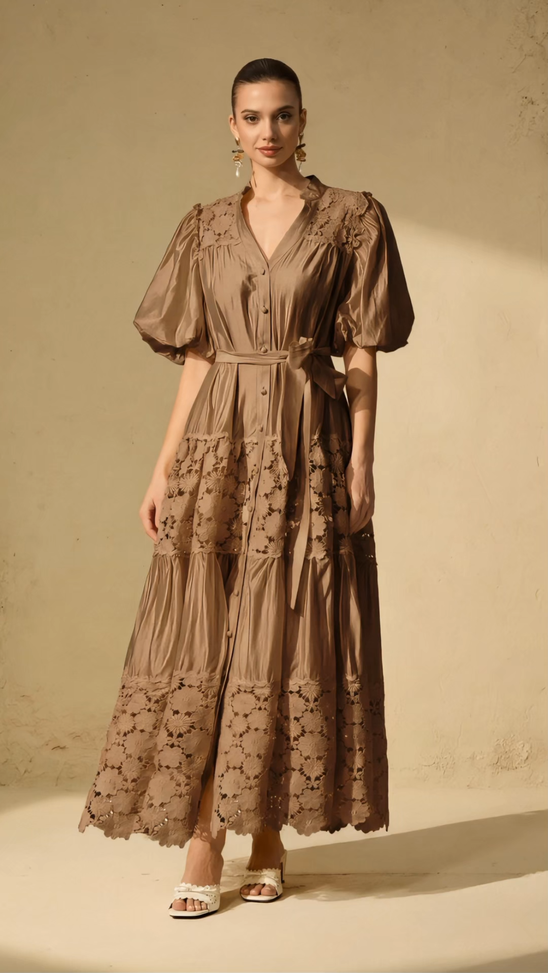 Chic Reverie Puff Sleeve Floral Lace Maxi Dress