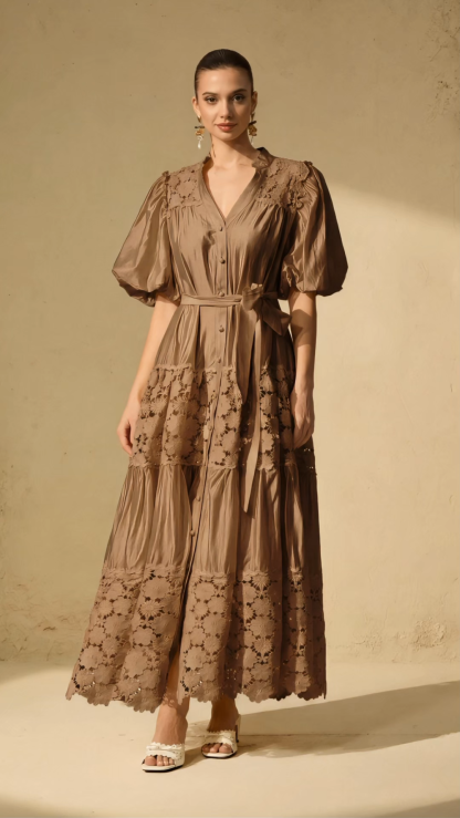 Chic Reverie Puff Sleeve Floral Lace Maxi Dress