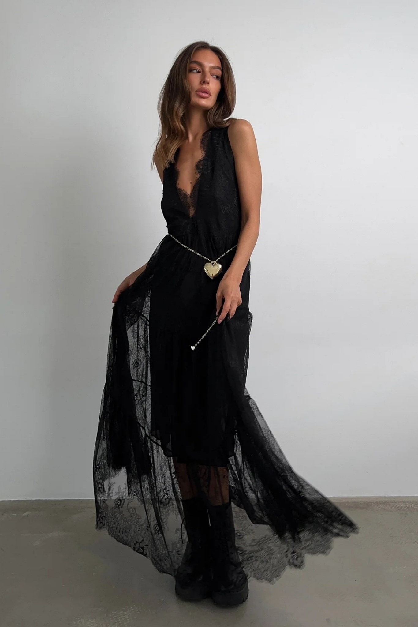 Yvette Deep V Neck Backless Lace Maxi Dress