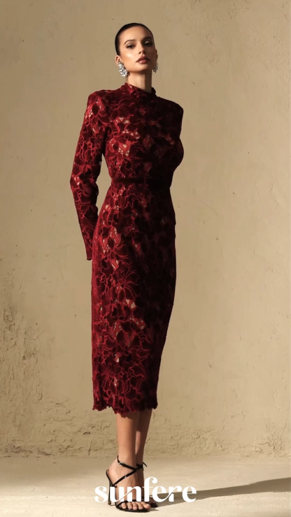Love Me Forever Burgundy Floral Lace Long Sleeve Midi Dress