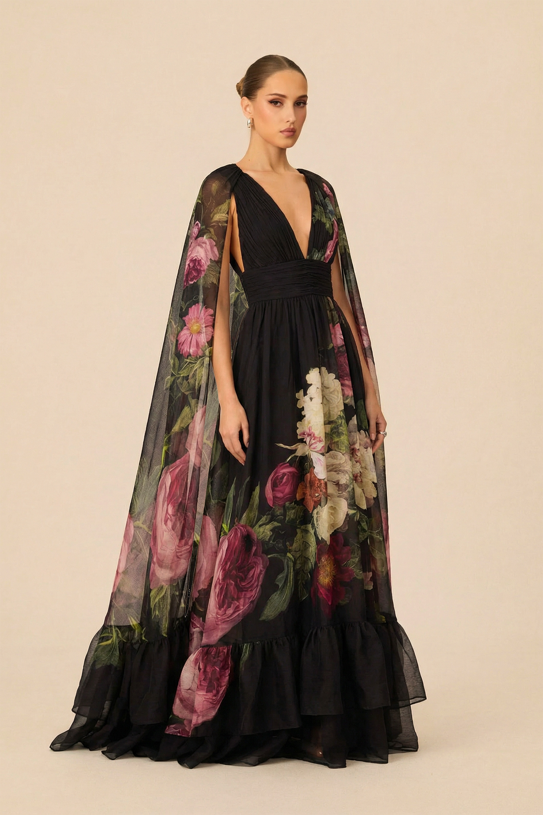 Twilight Bloom Black Floral Print V-Neck Maxi Dress with Detachable Cape