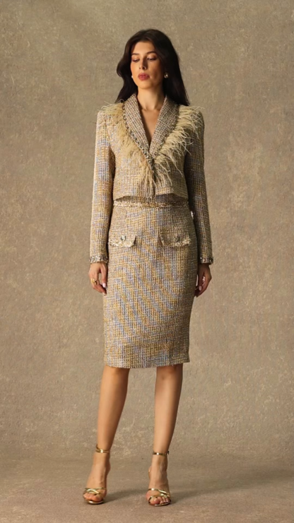 Midnight Sparkle Gold Feather Trim Cropped Jacket & Pencil Skirt Set