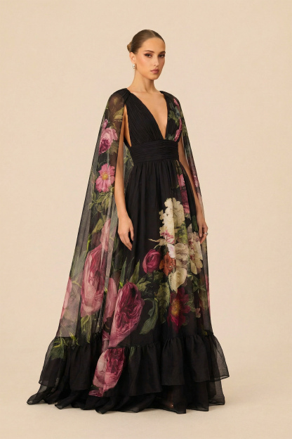 Twilight Bloom Black Floral Print V-Neck Maxi Dress with Detachable Cape