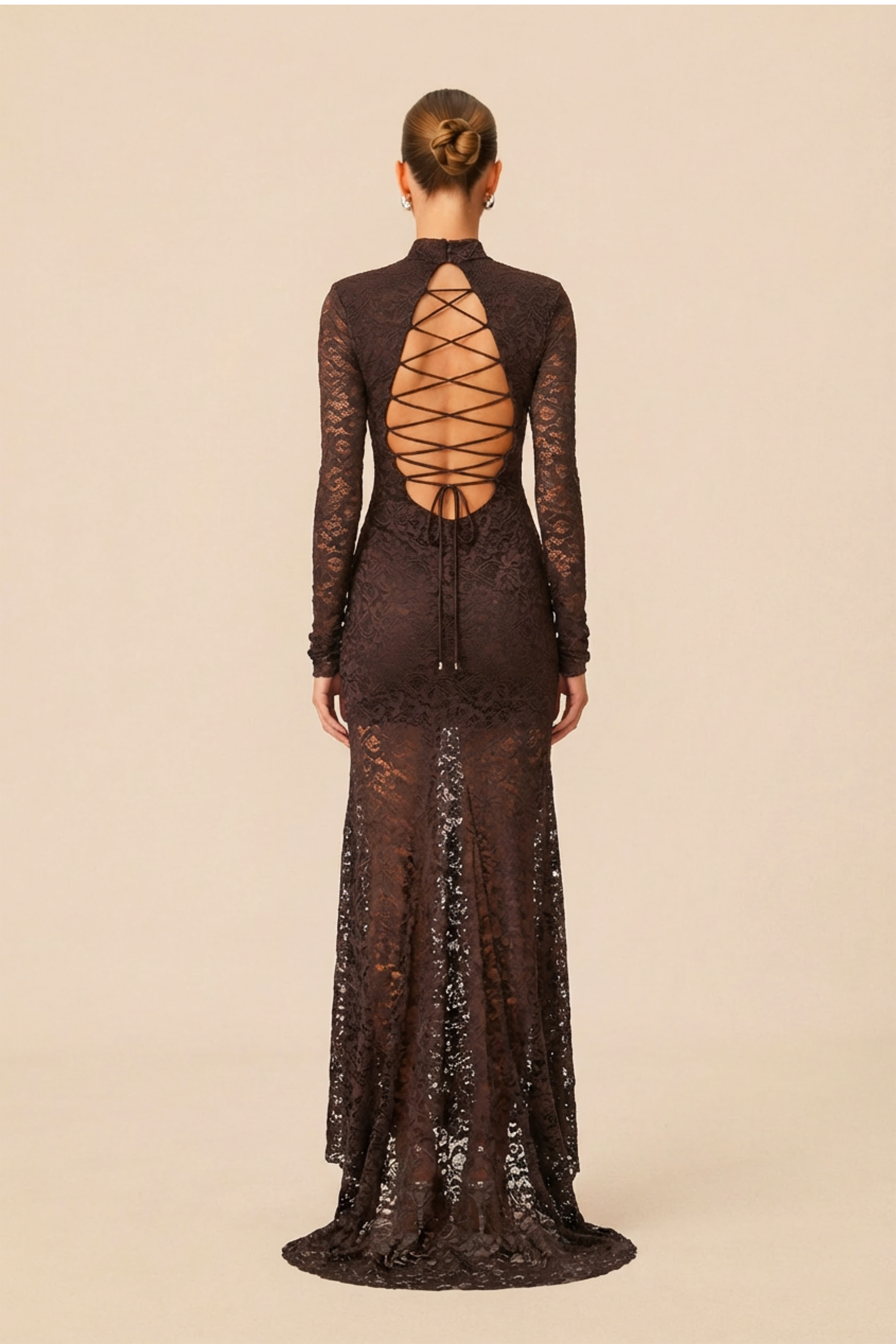 Appetite for Seduction Brown Sheer Lace Open Back Maxi Dress