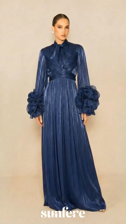Especially Stunning Dark Blue Floral Cuff Pleated Maxi Dress