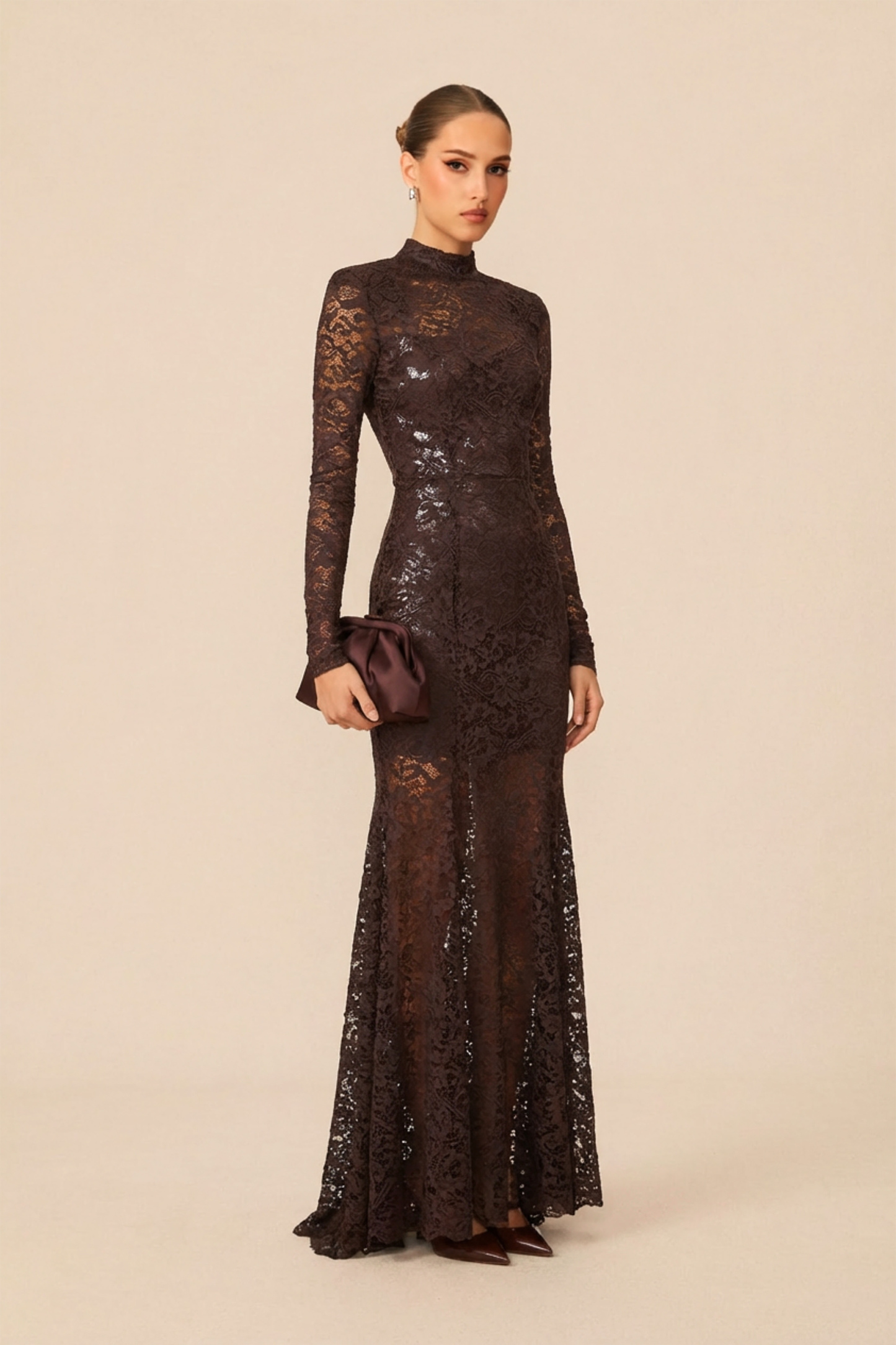 Appetite for Seduction Brown Sheer Lace Open Back Maxi Dress