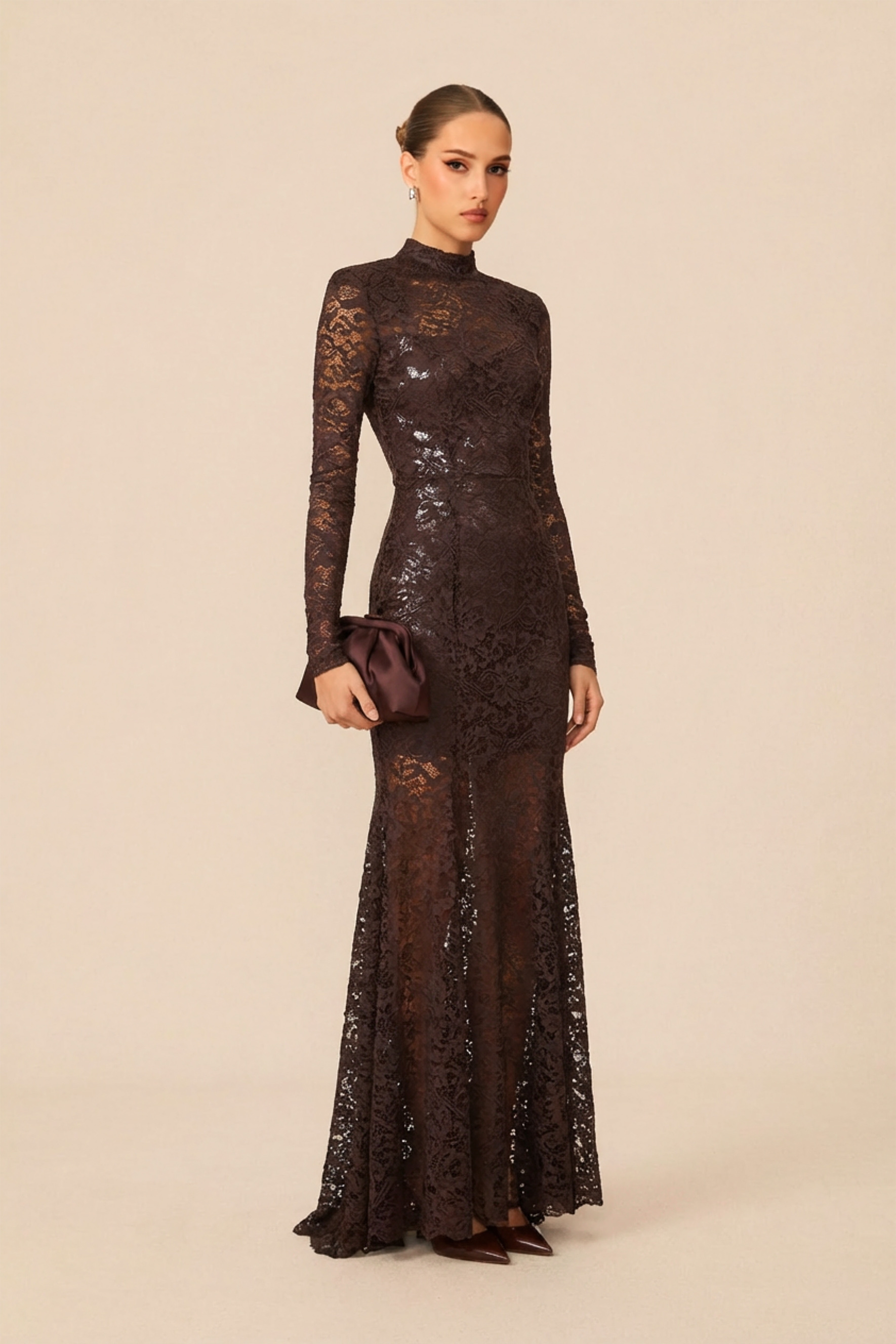 Appetite for Seduction Brown Sheer Lace Open Back Maxi Dress