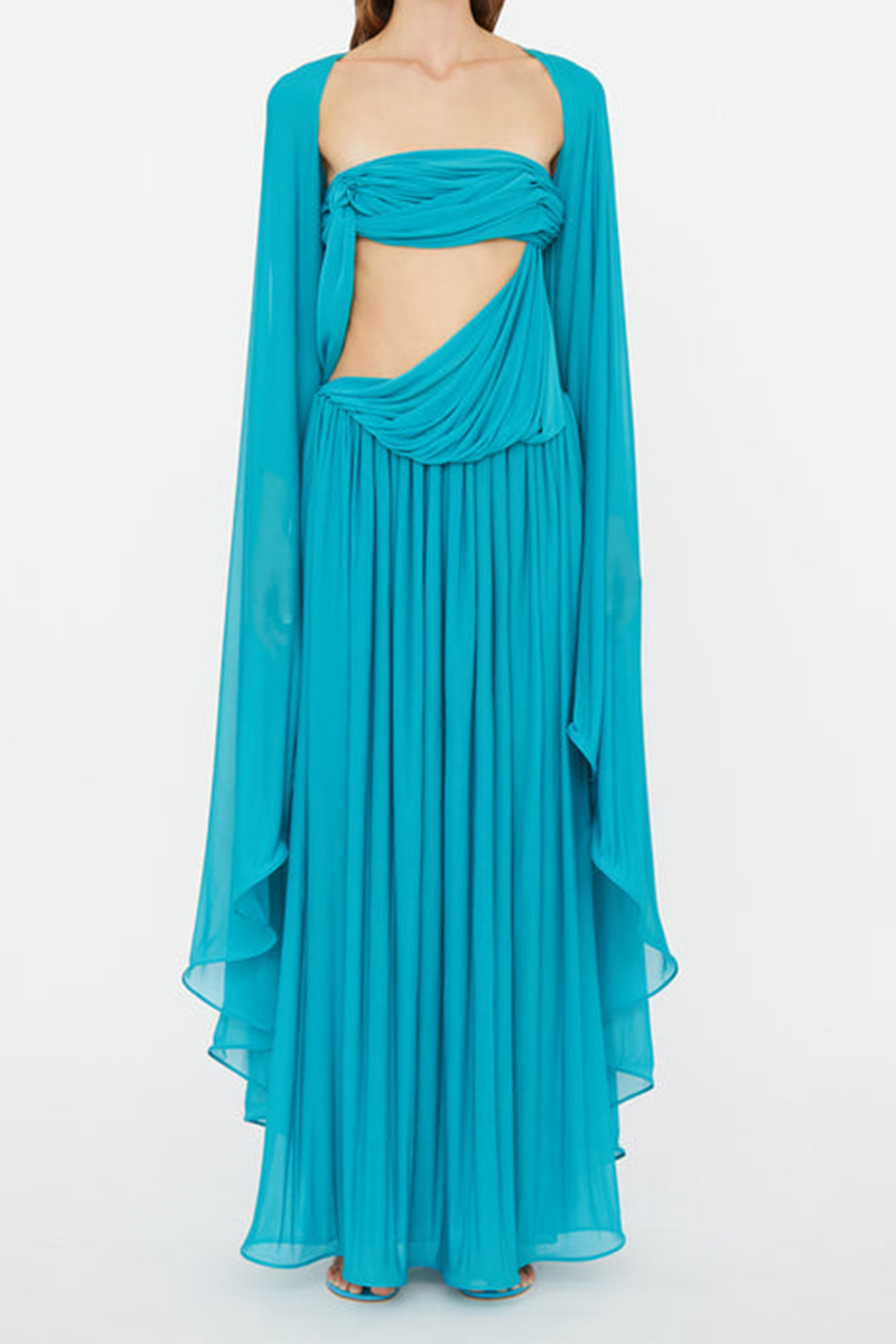 Eugenia Asymmetric Draped Cape Sleeve Maxi Dress