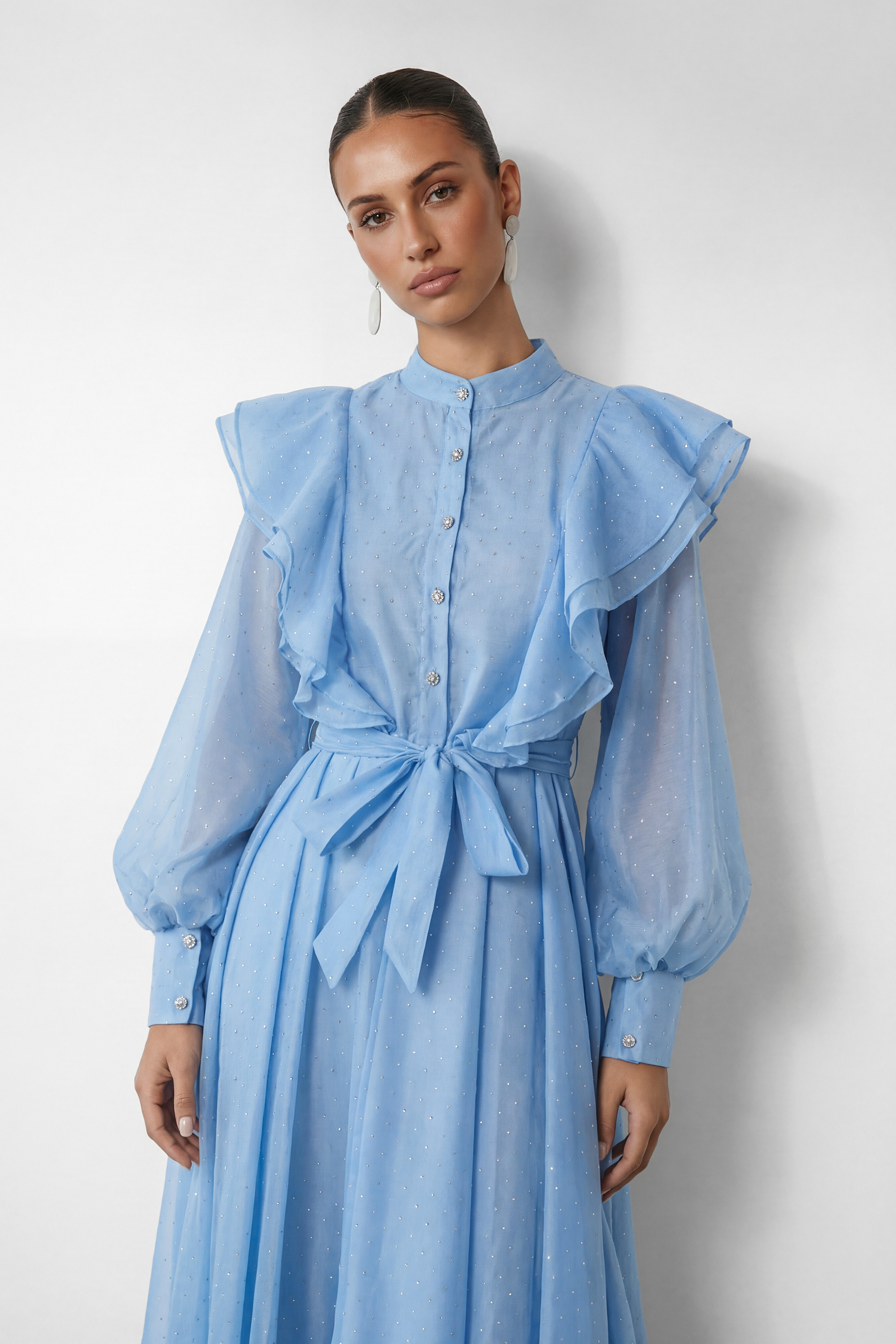 Soft Whisper Blue Rhinestone Ruffle Maxi Dress