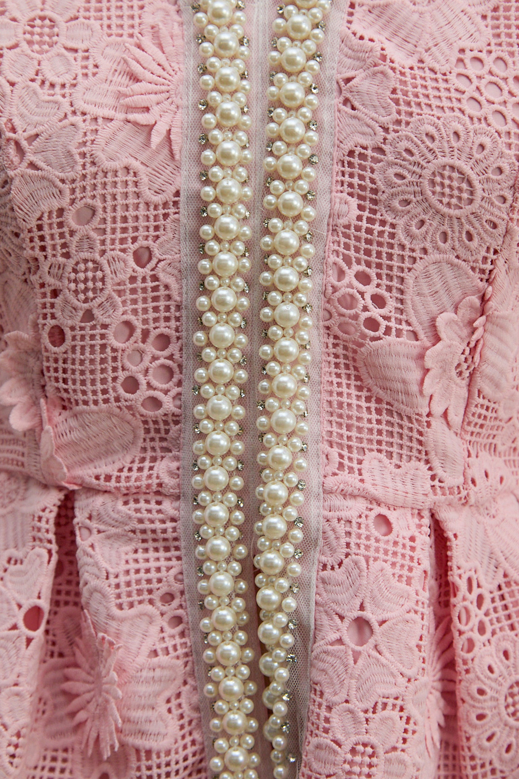 Dreamy Date Pink Floral Lace Pearl Trim Top & Pleated Skirt Set