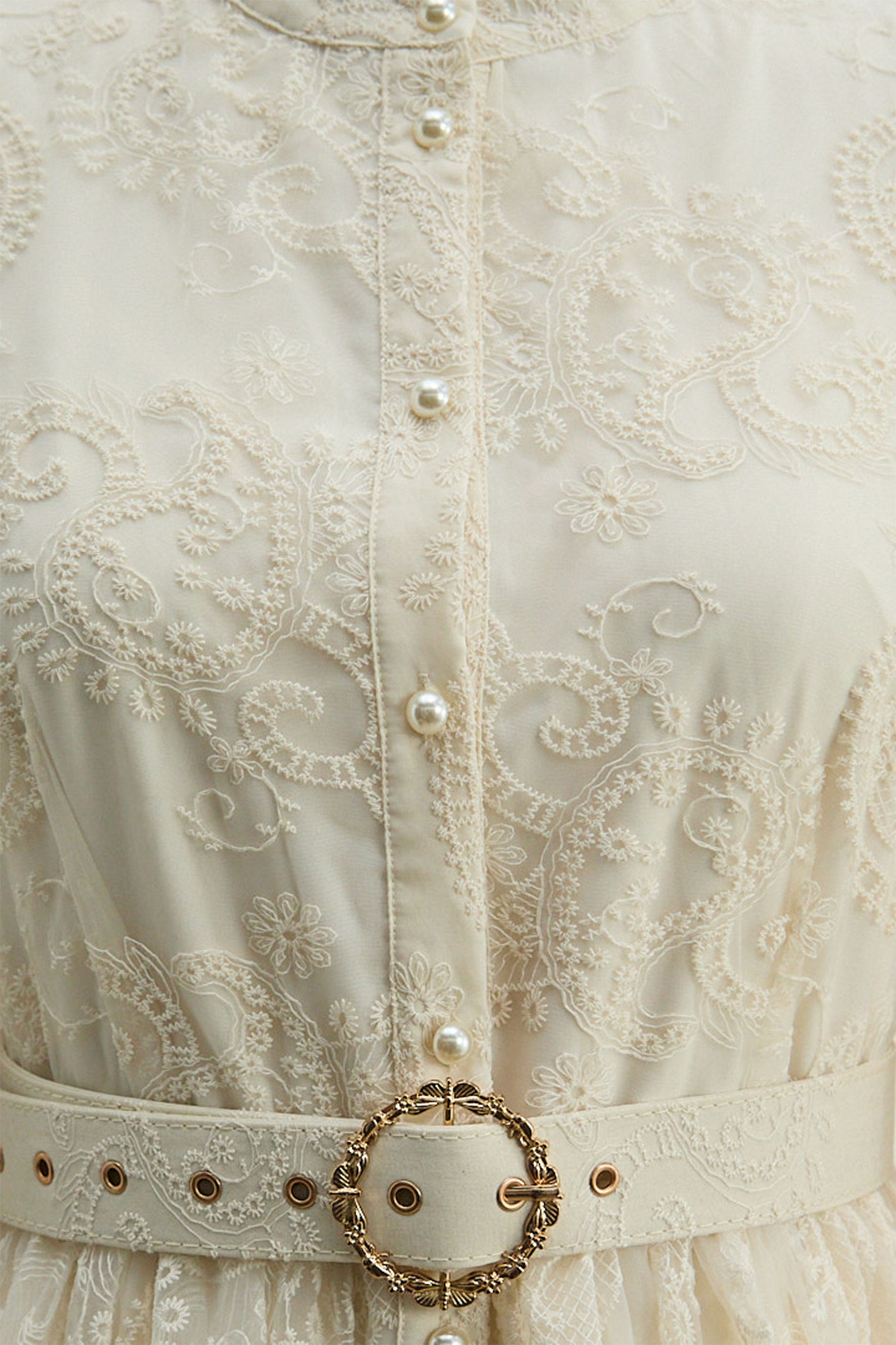 Admirable Elegance Beige Lace Embroidered Sheer Sleeve Maxi Dress