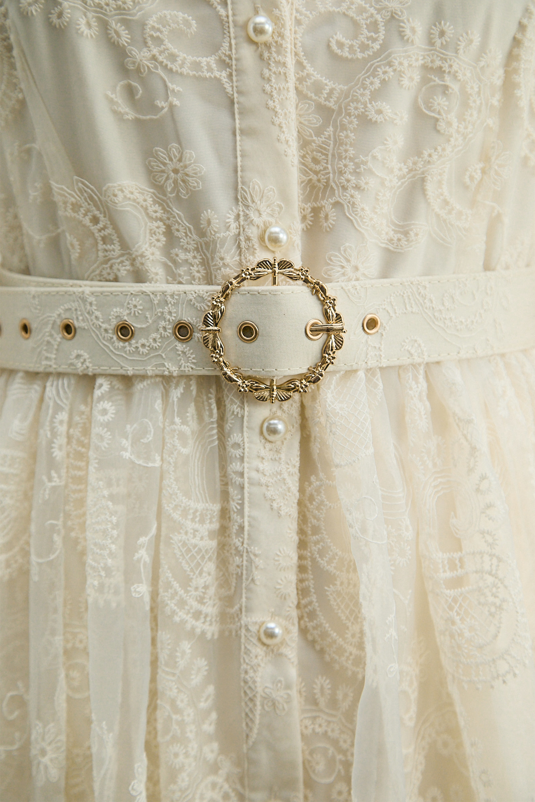 Admirable Elegance Beige Lace Embroidered Sheer Sleeve Maxi Dress