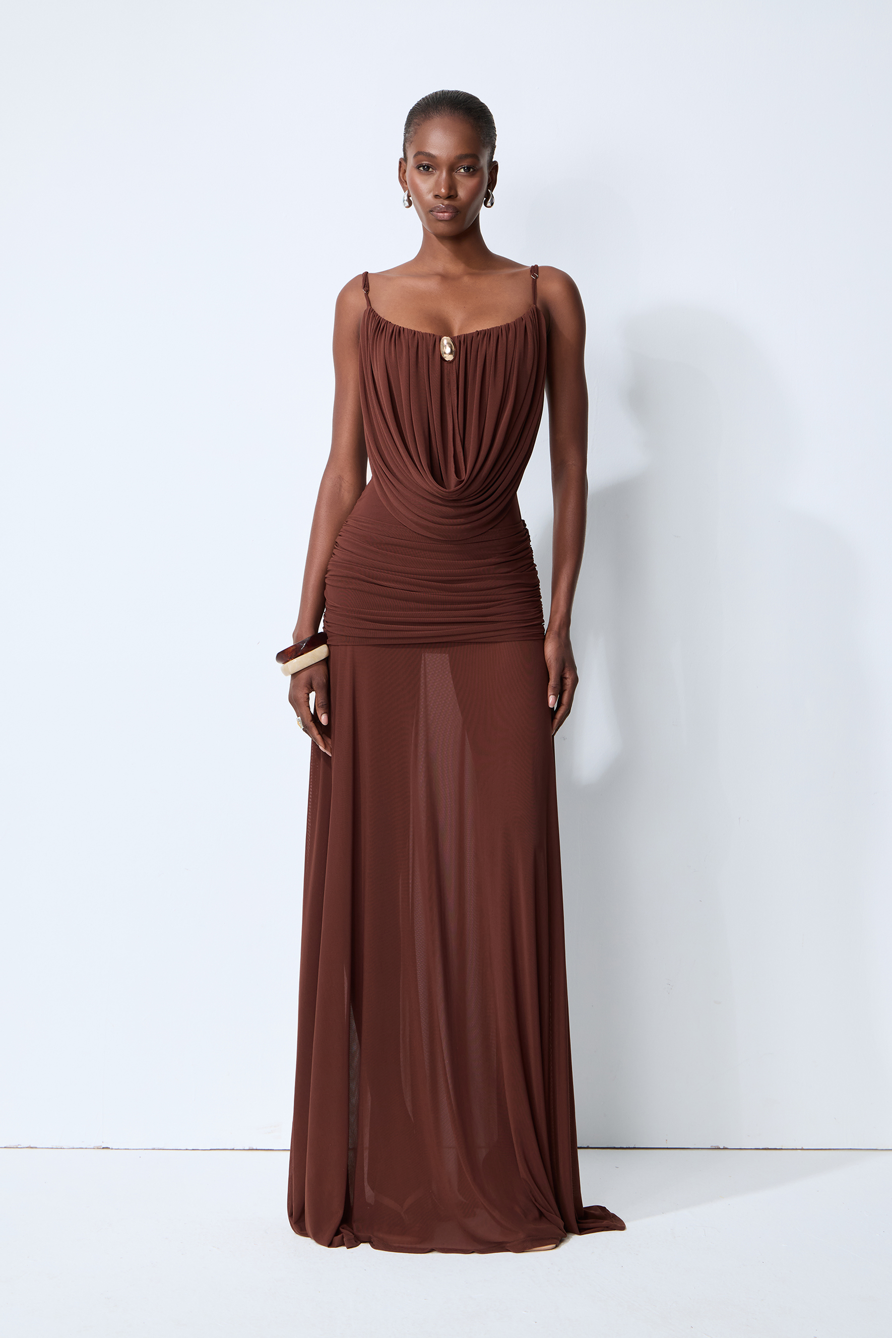 Signature Look Brown Cowl Neck Semi-sheer Maxi Dress