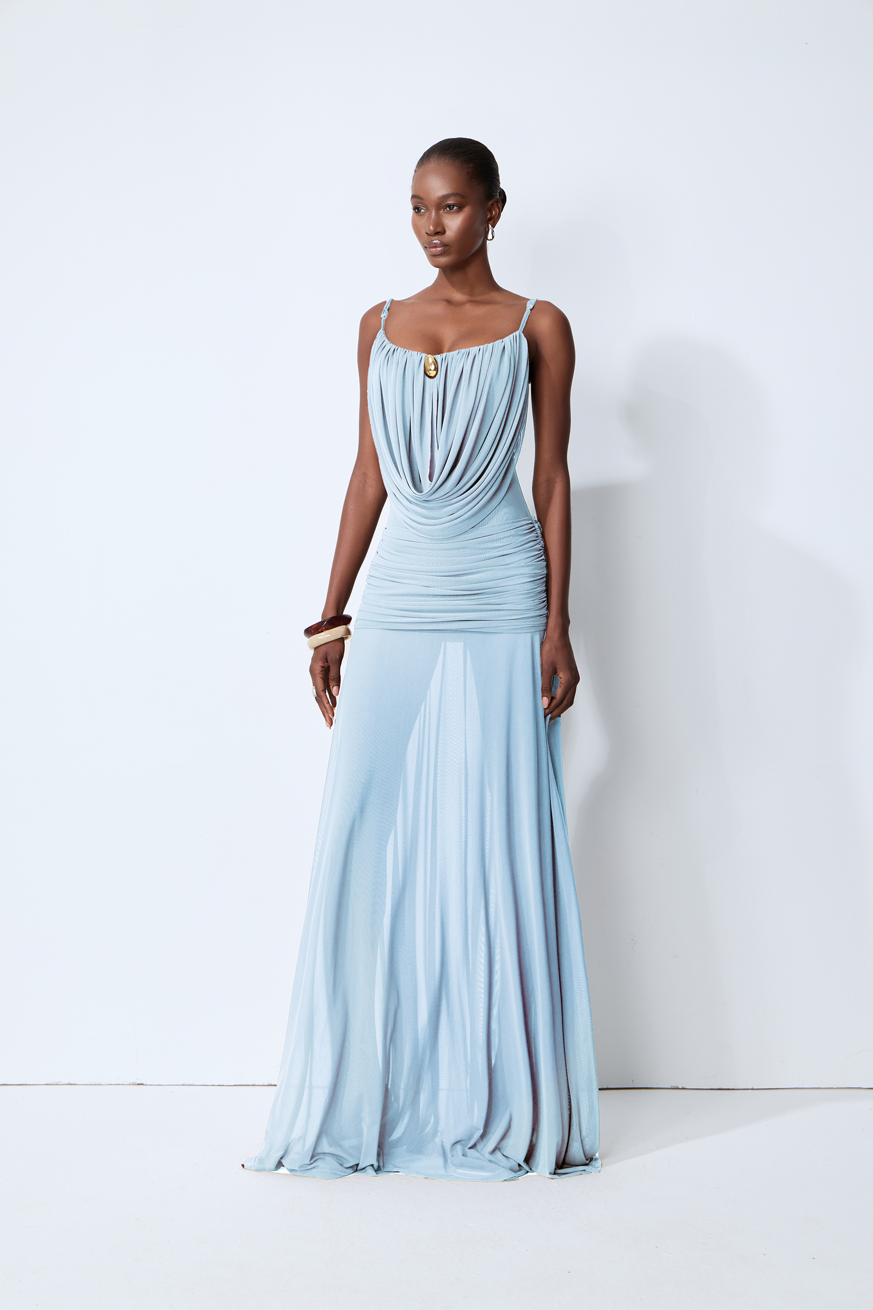 Signature Look Blue Cowl Neck Semi-sheer Maxi Dress