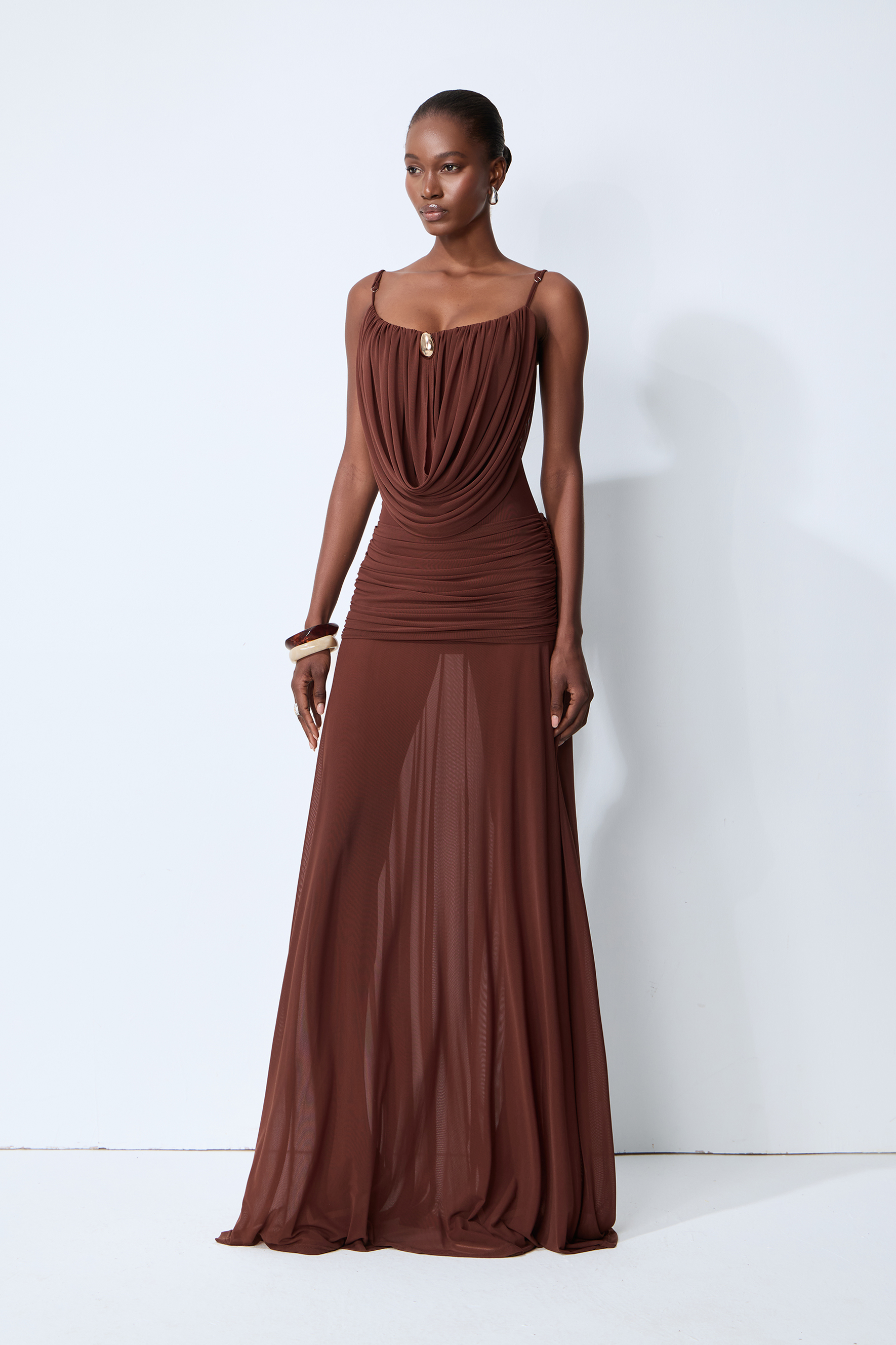 Signature Look Brown Cowl Neck Semi-sheer Maxi Dress