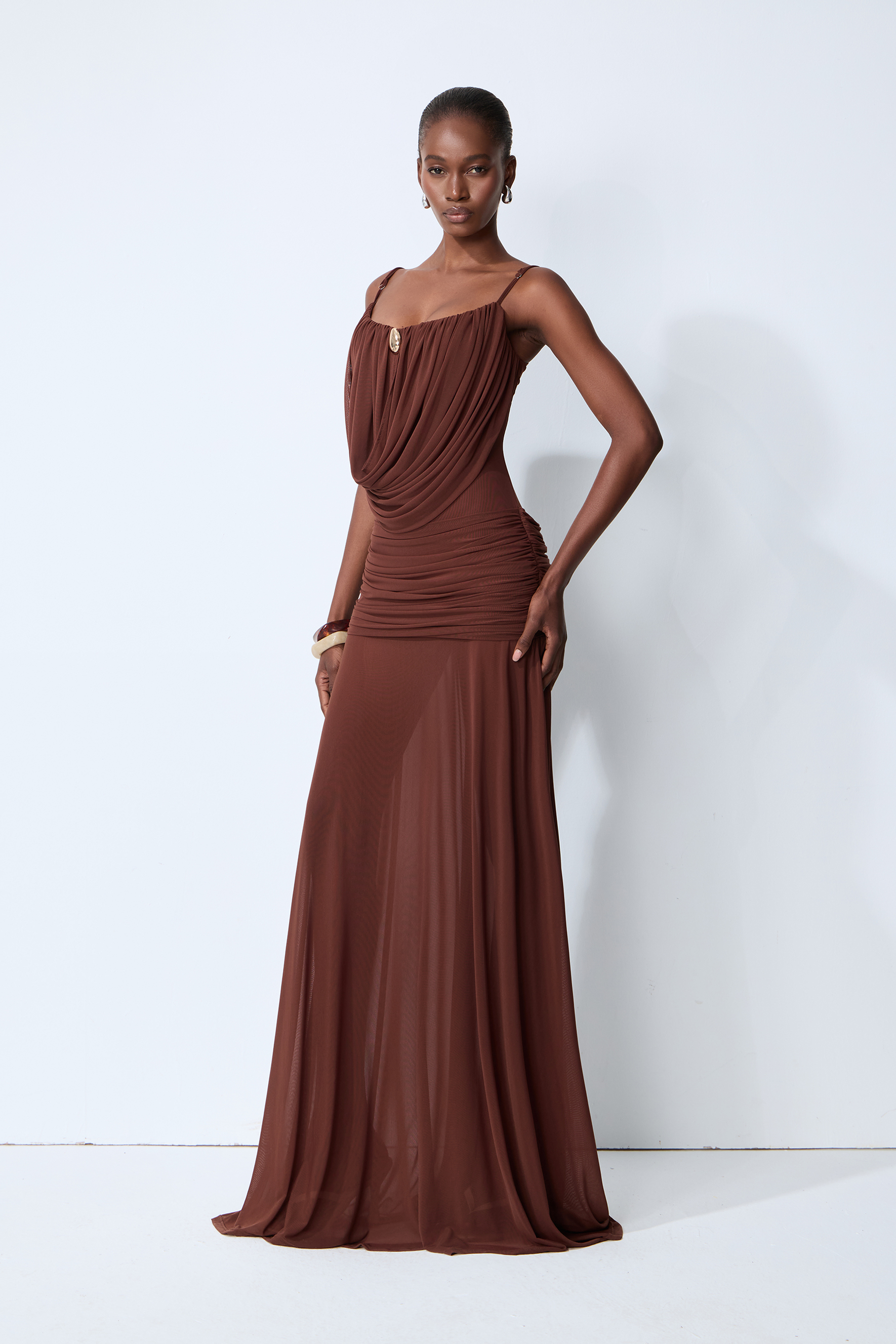 Signature Look Brown Cowl Neck Semi-sheer Maxi Dress