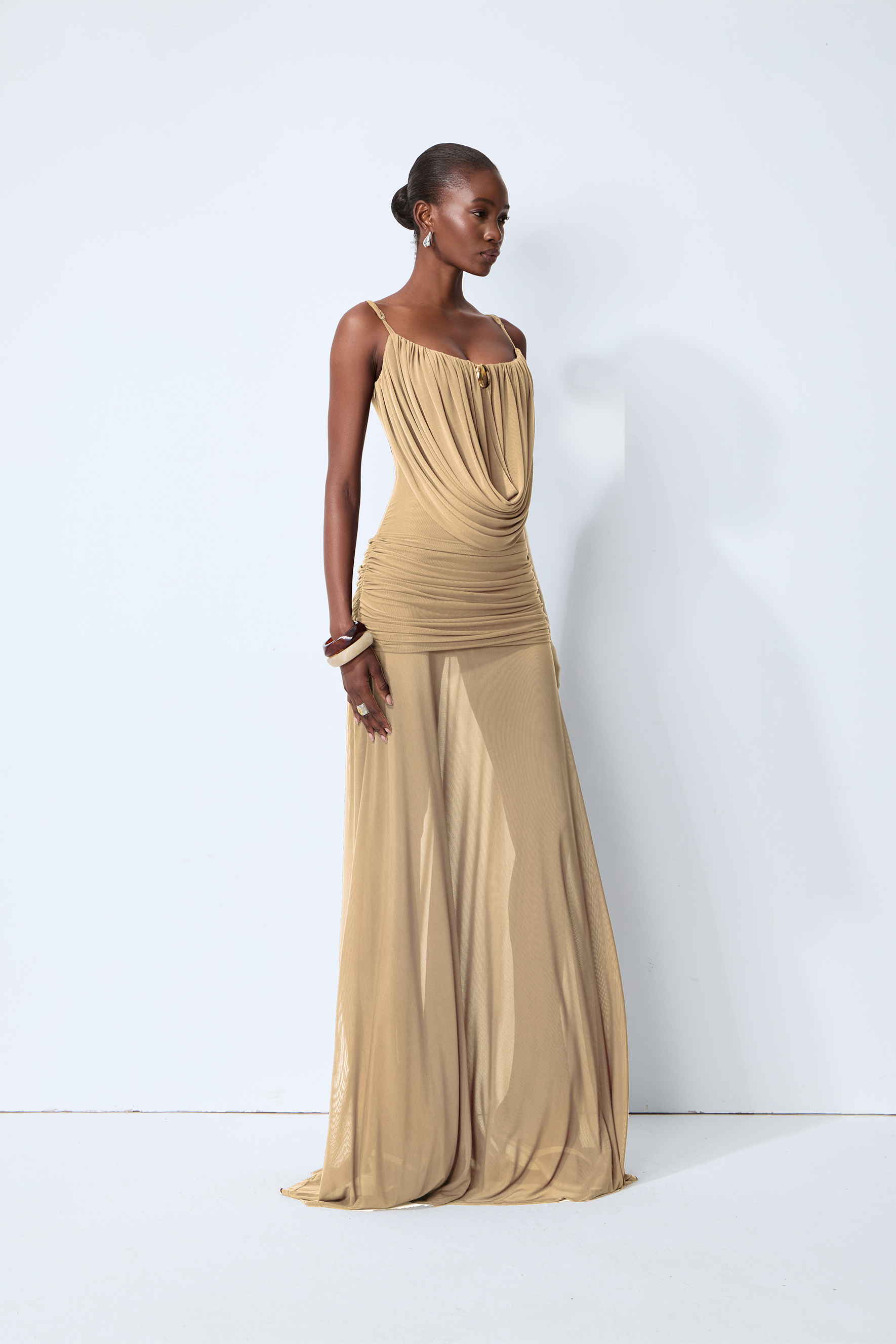 Signature Look Khaki Cowl Neck Semi-sheer Maxi Dress