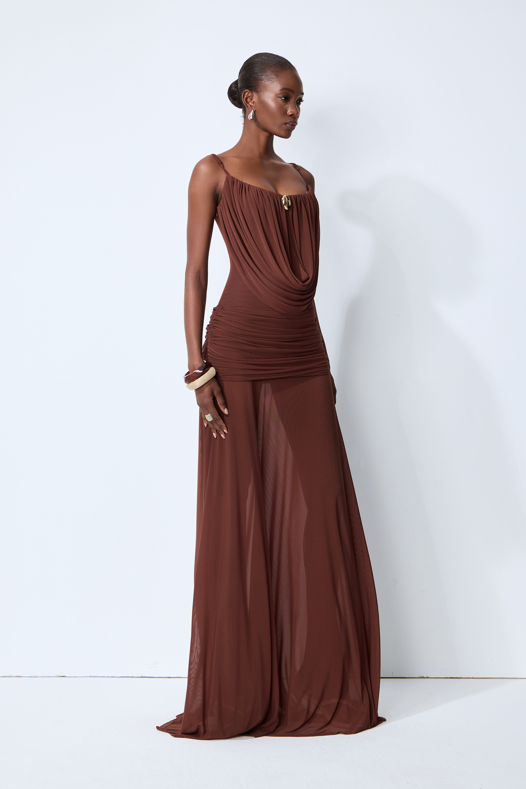 Signature Look Brown Cowl Neck Semi-sheer Maxi Dress