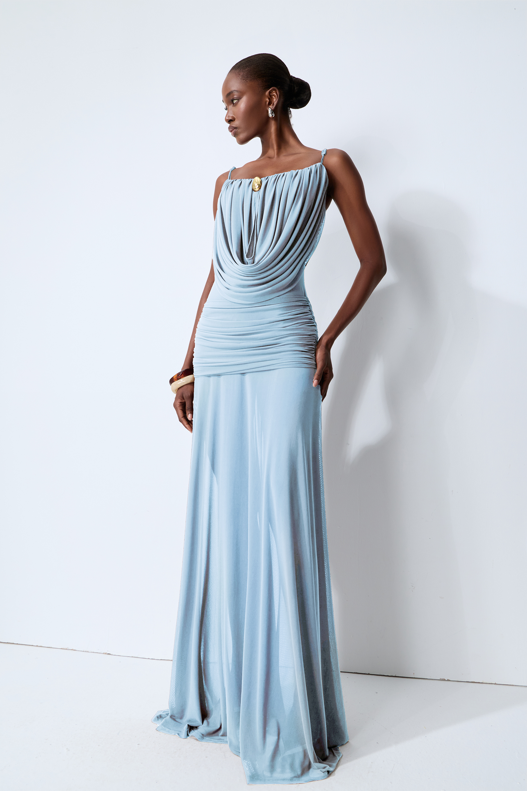 Signature Look Blue Cowl Neck Semi-sheer Maxi Dress