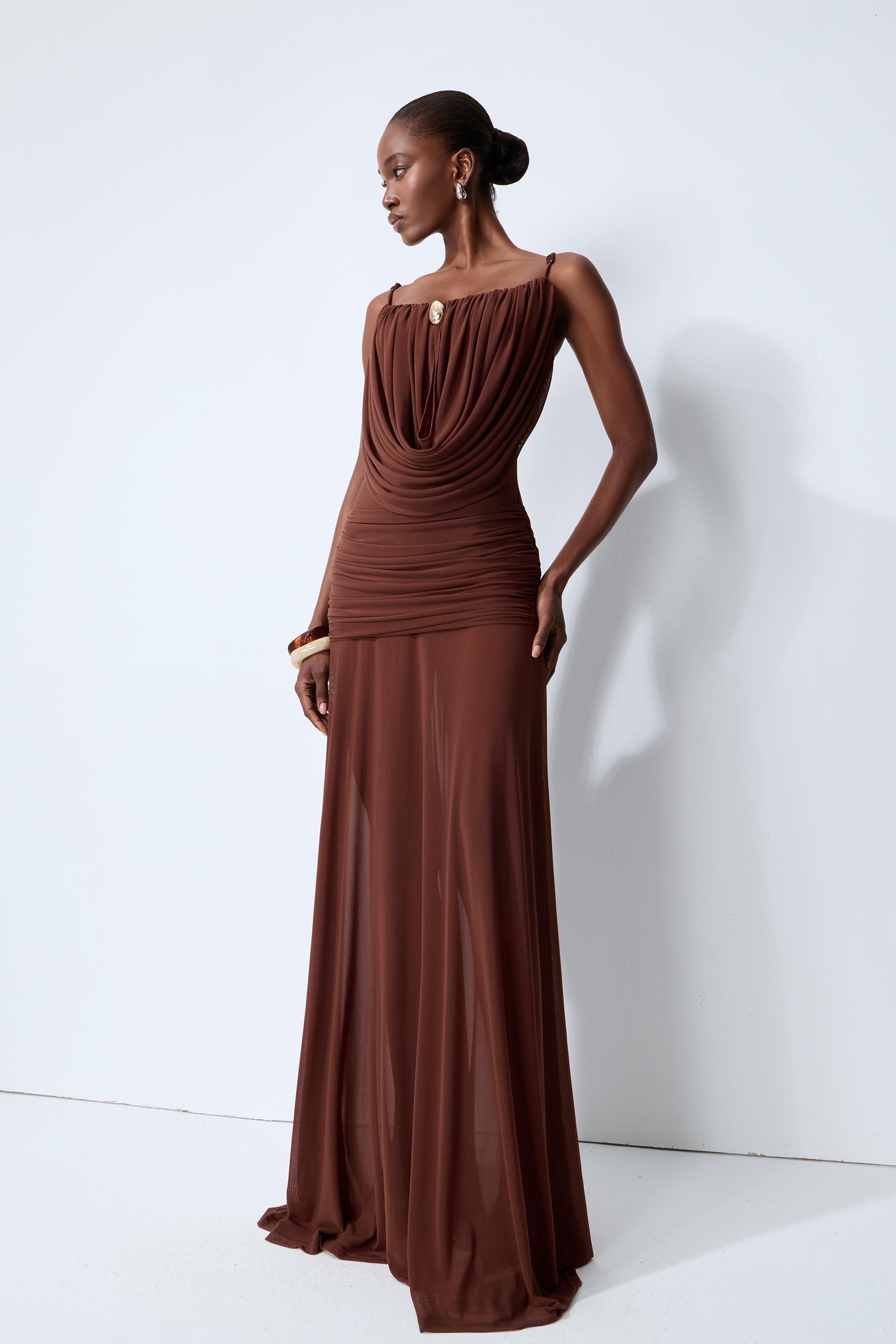 Signature Look Brown Cowl Neck Semi-sheer Maxi Dress