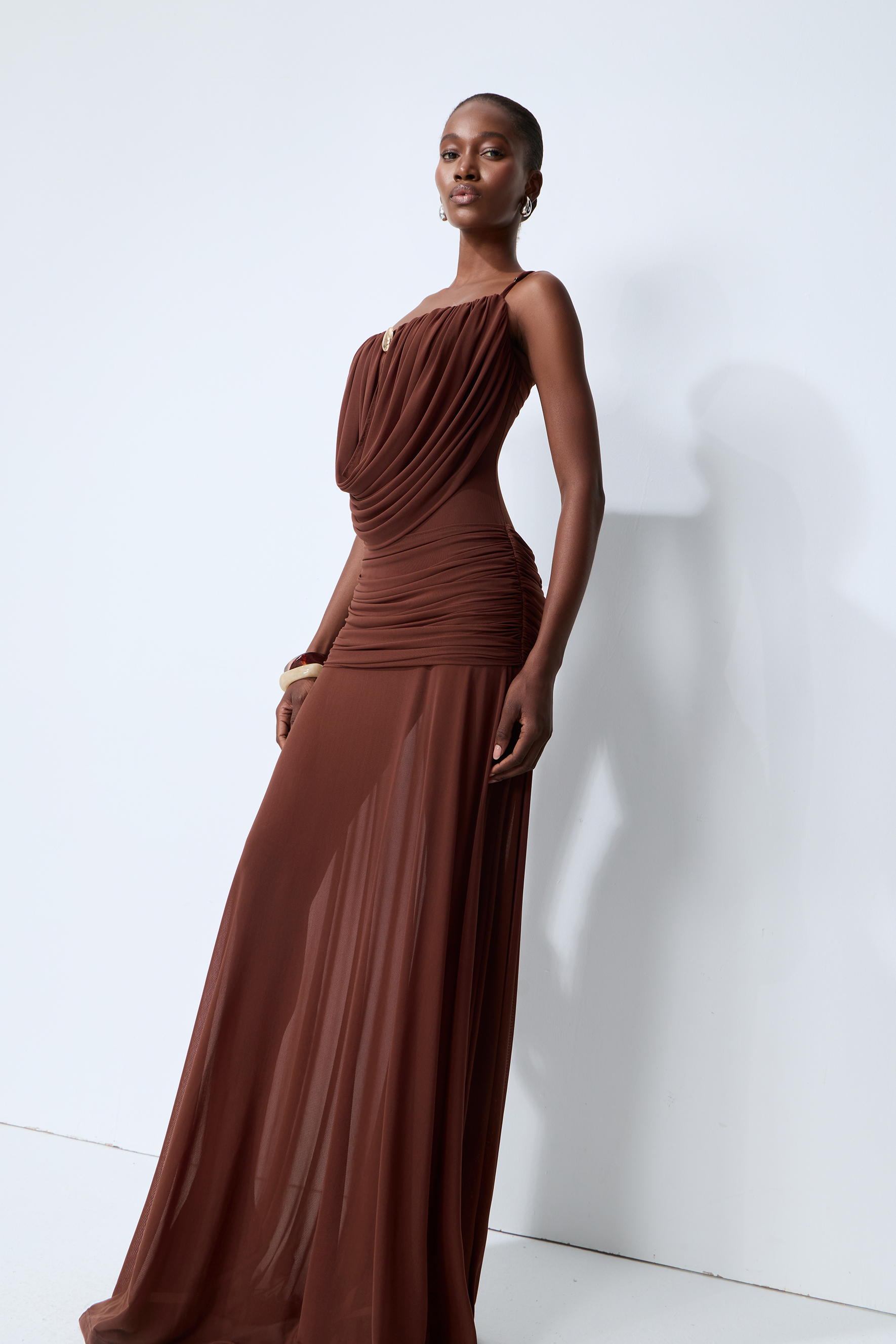 Signature Look Brown Cowl Neck Semi-sheer Maxi Dress