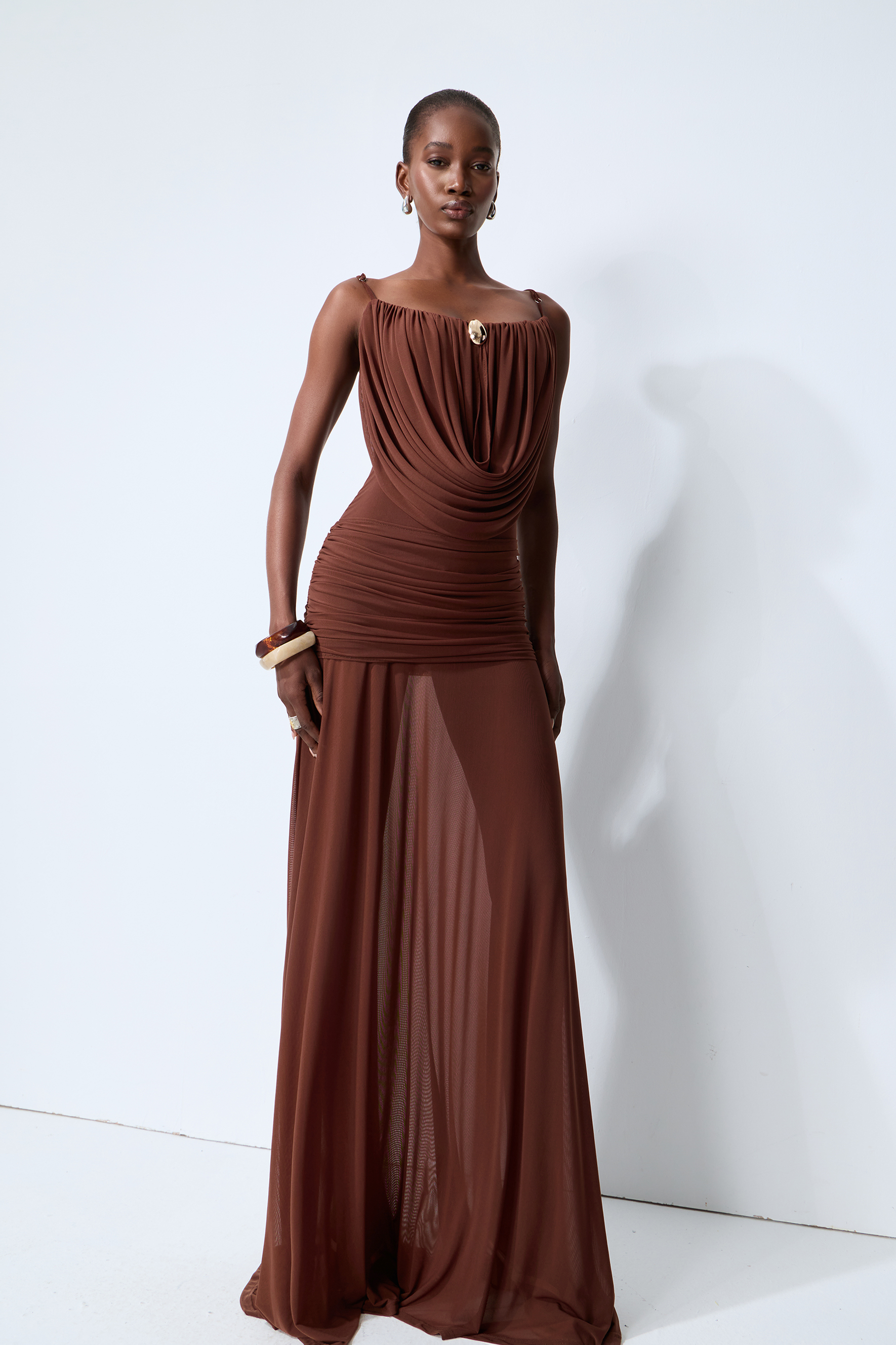Signature Look Brown Cowl Neck Semi-sheer Maxi Dress