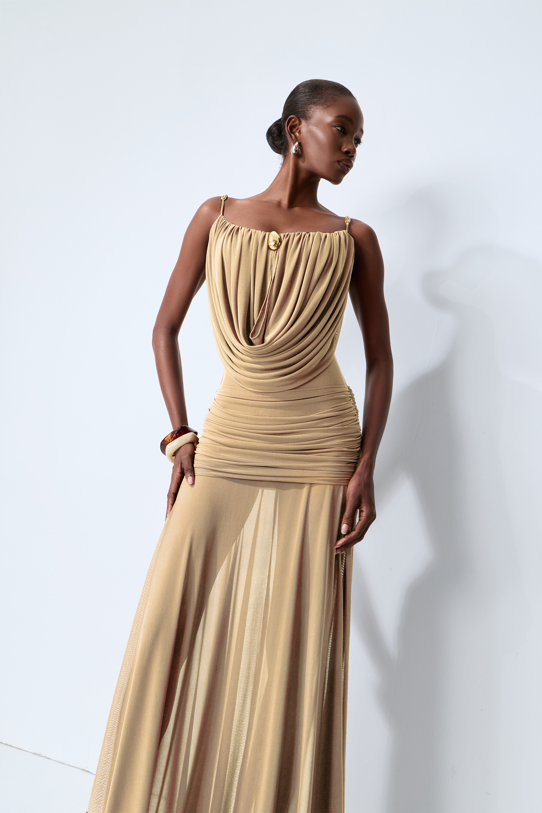Signature Look Khaki Cowl Neck Semi-sheer Maxi Dress
