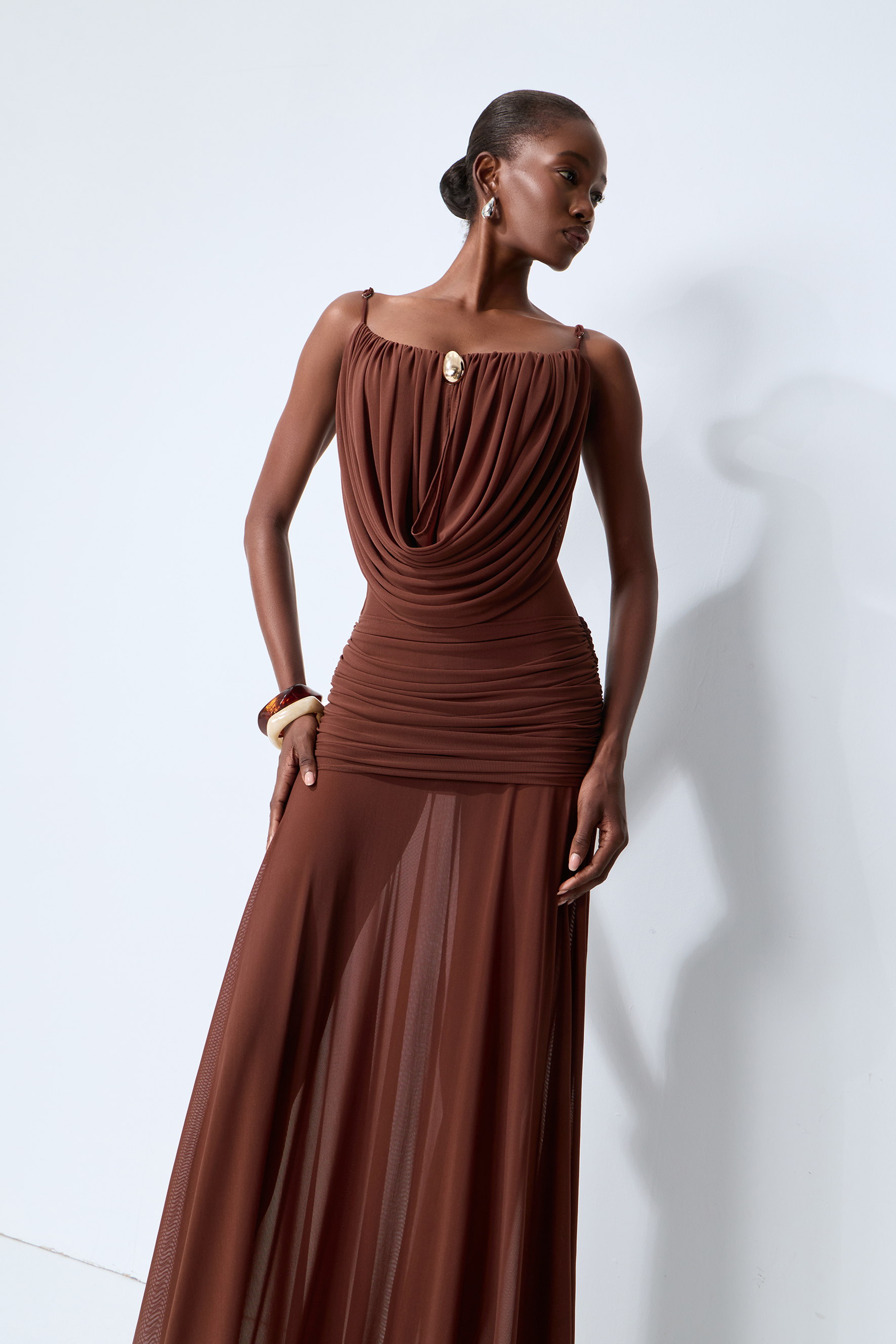 Signature Look Brown Cowl Neck Semi-sheer Maxi Dress