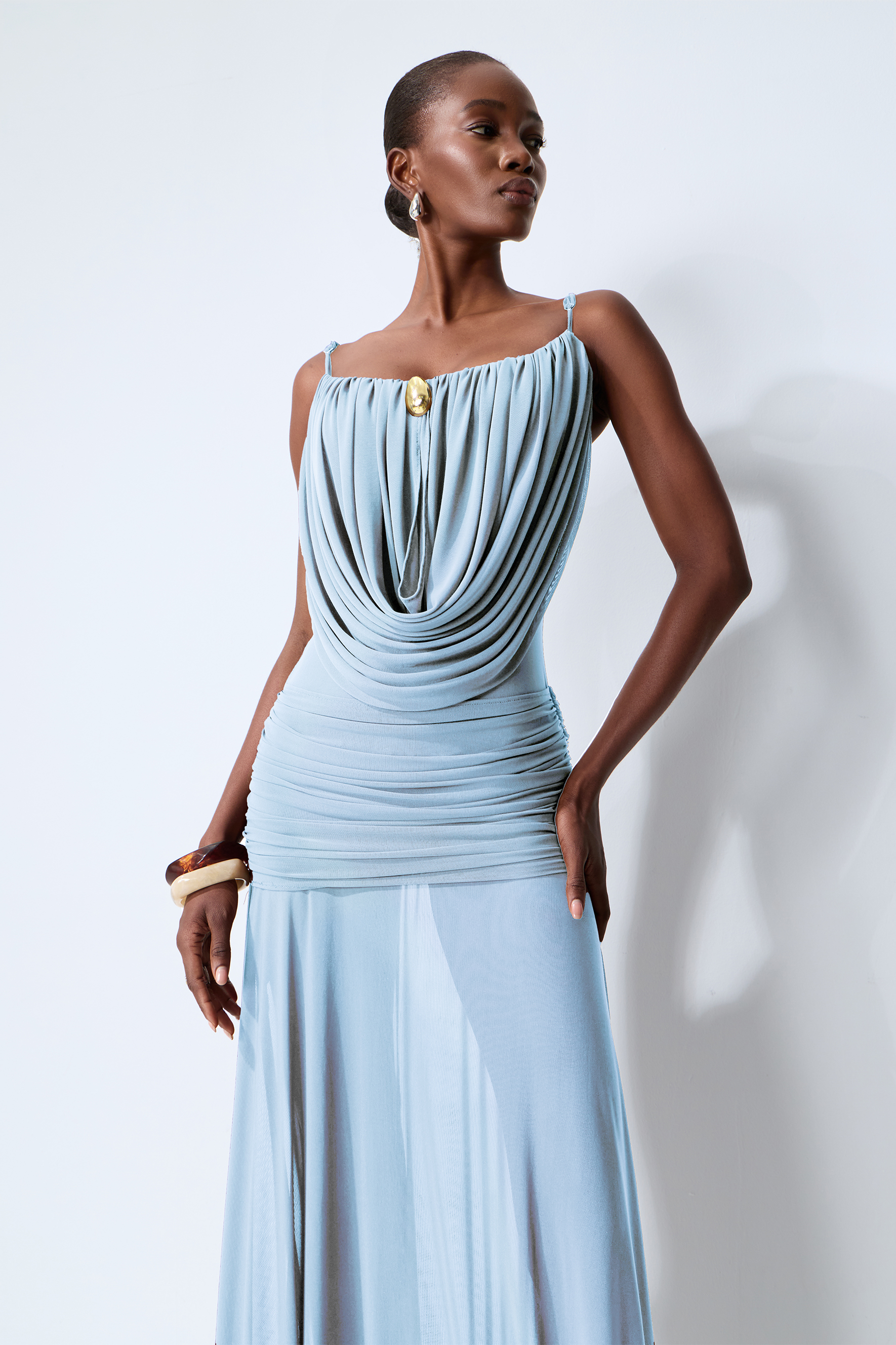Signature Look Blue Cowl Neck Semi-sheer Maxi Dress