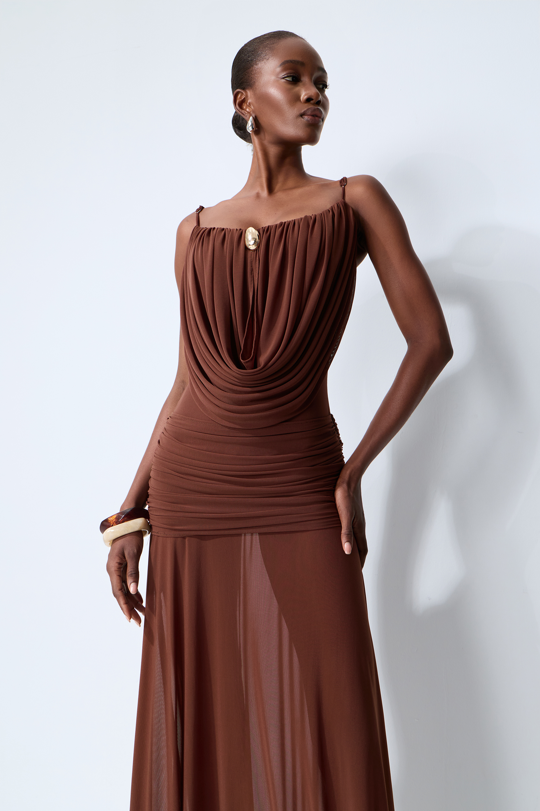 Signature Look Brown Cowl Neck Semi-sheer Maxi Dress