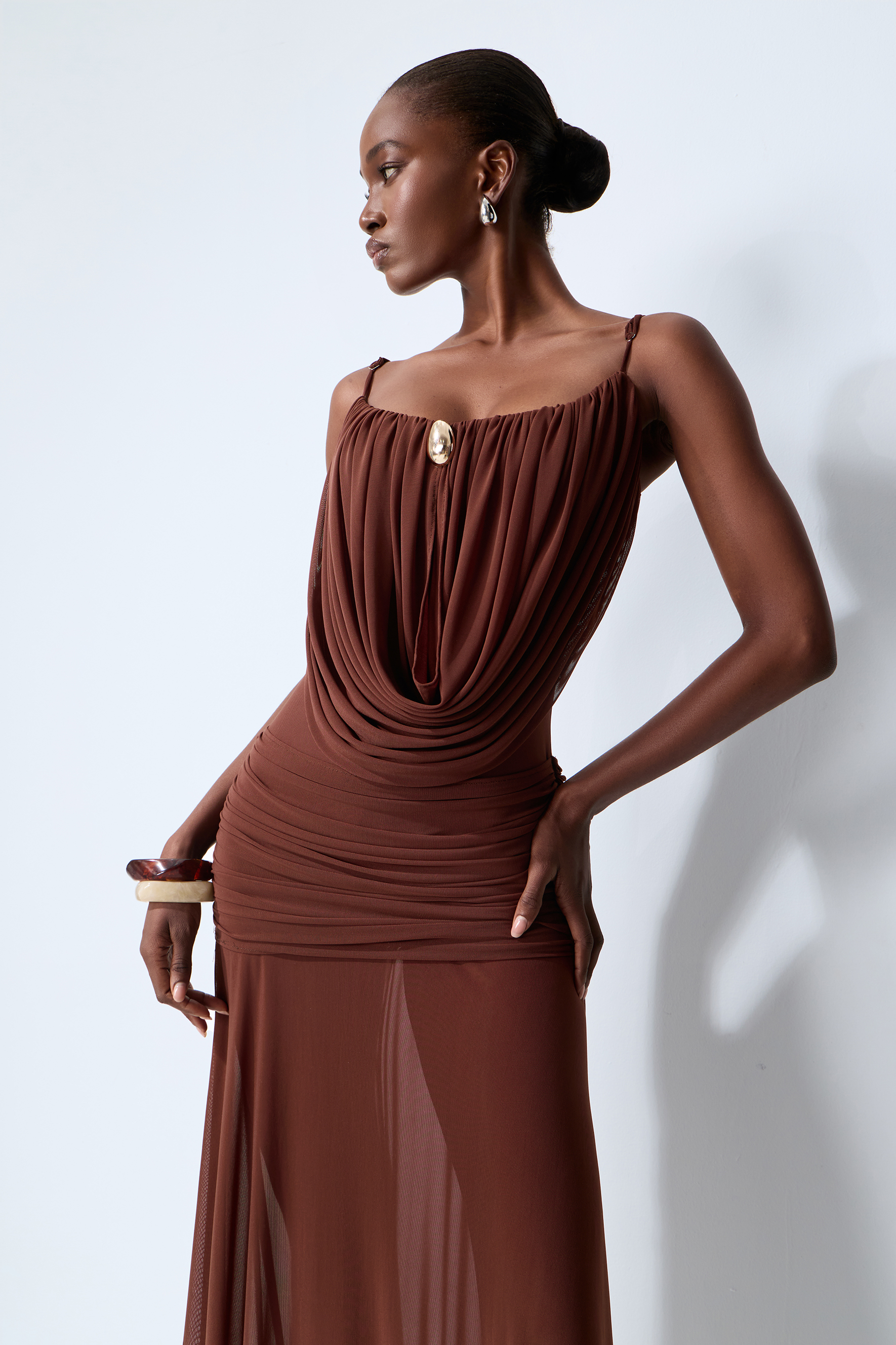 Signature Look Brown Cowl Neck Semi-sheer Maxi Dress