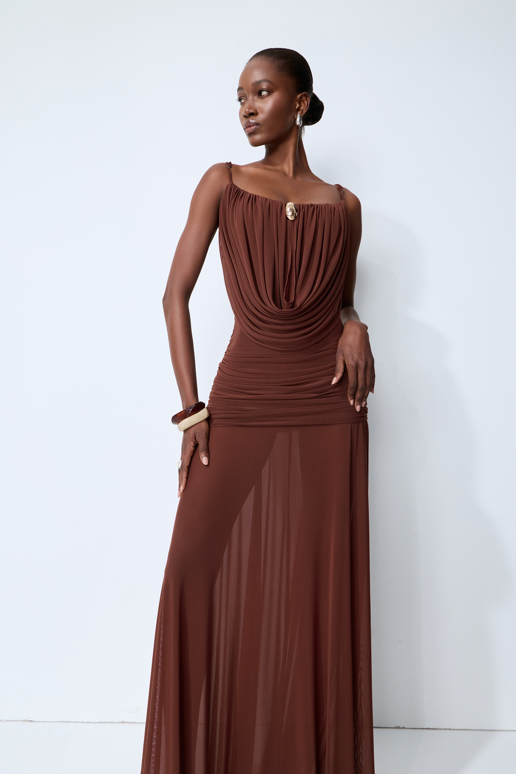 Signature Look Brown Cowl Neck Semi-sheer Maxi Dress