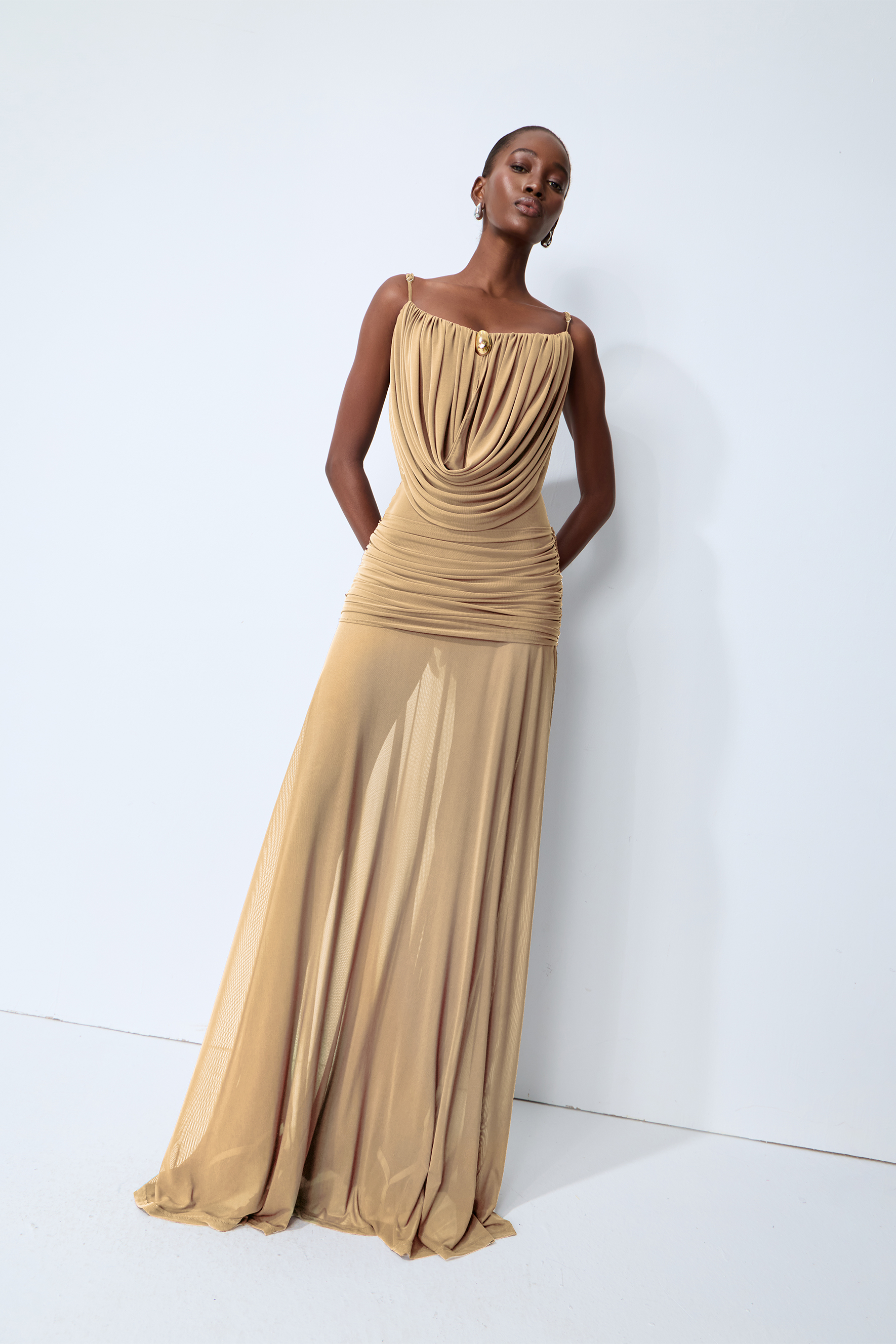 Signature Look Khaki Cowl Neck Semi-sheer Maxi Dress