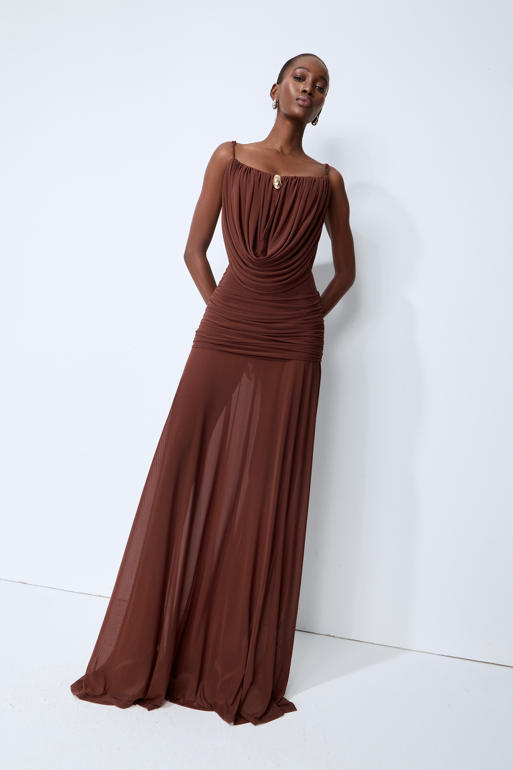 Signature Look Brown Cowl Neck Semi-sheer Maxi Dress