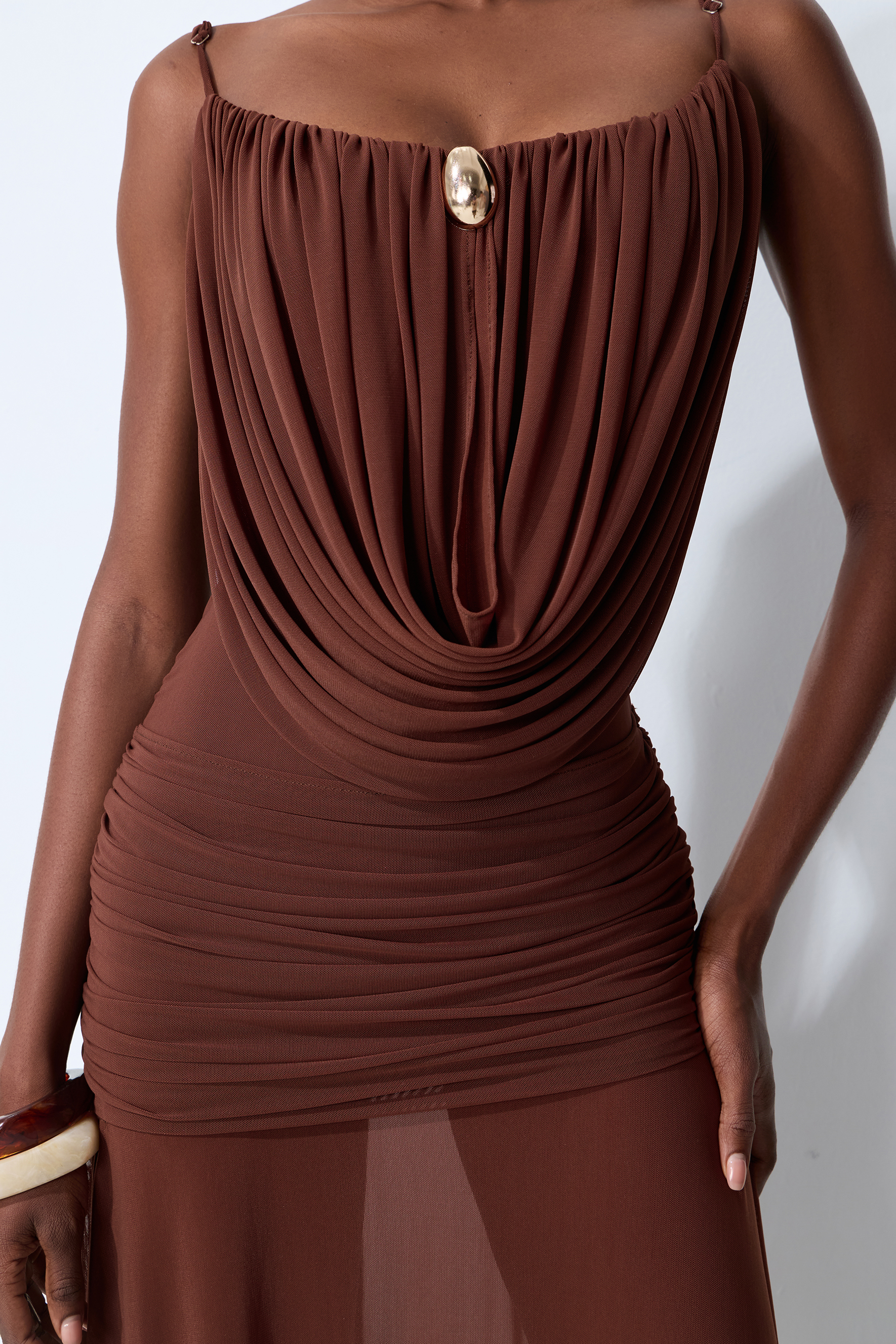 Signature Look Brown Cowl Neck Semi-sheer Maxi Dress