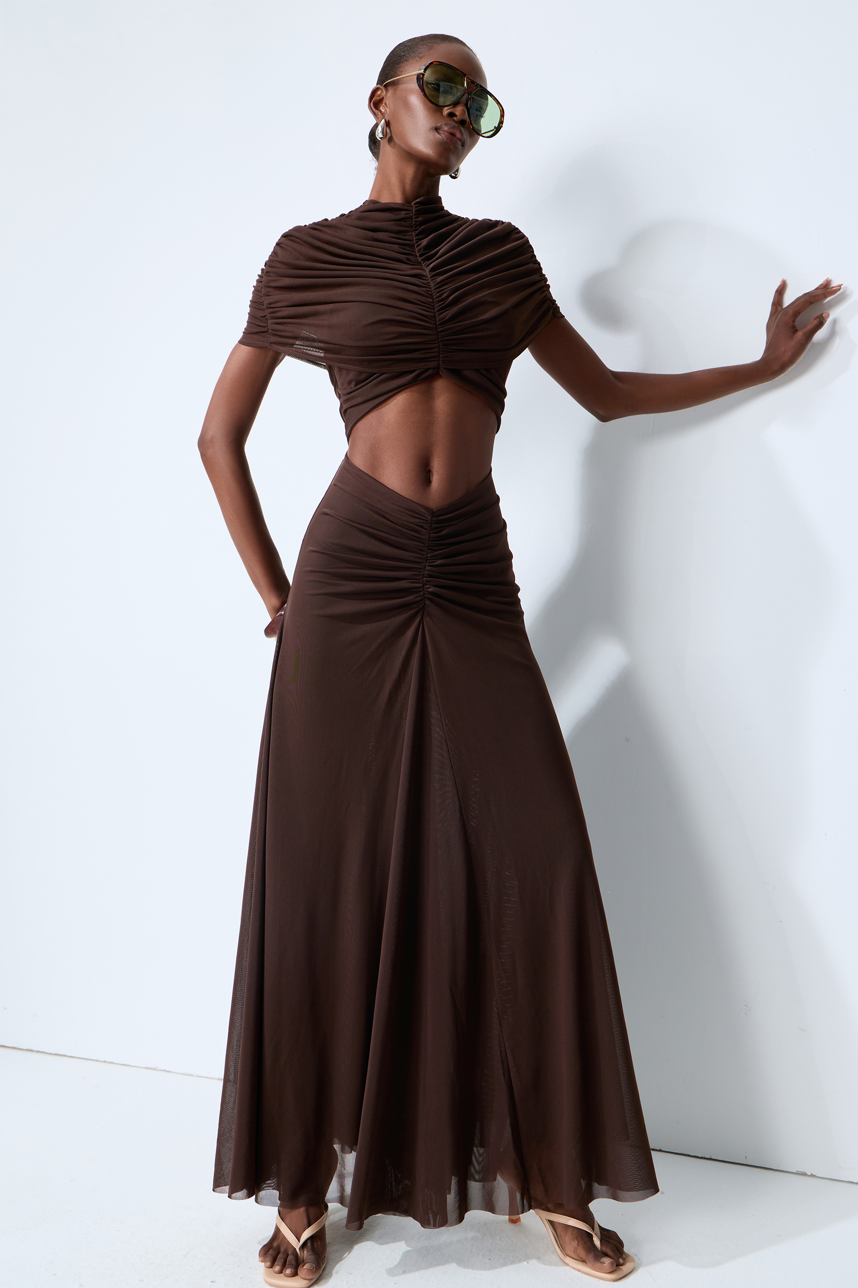 Modern Muse Brown High Neck Cutout Maxi Dress